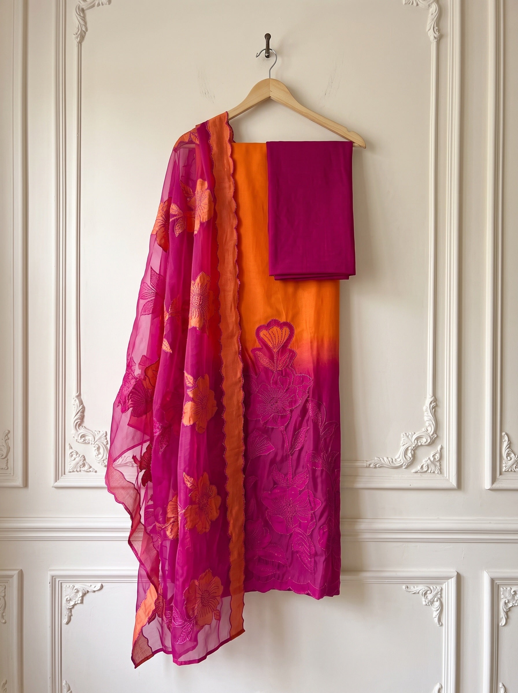 Orange Muslin Embroidered Unstitched 3-Piece Suit (Devri – D.No 13787)