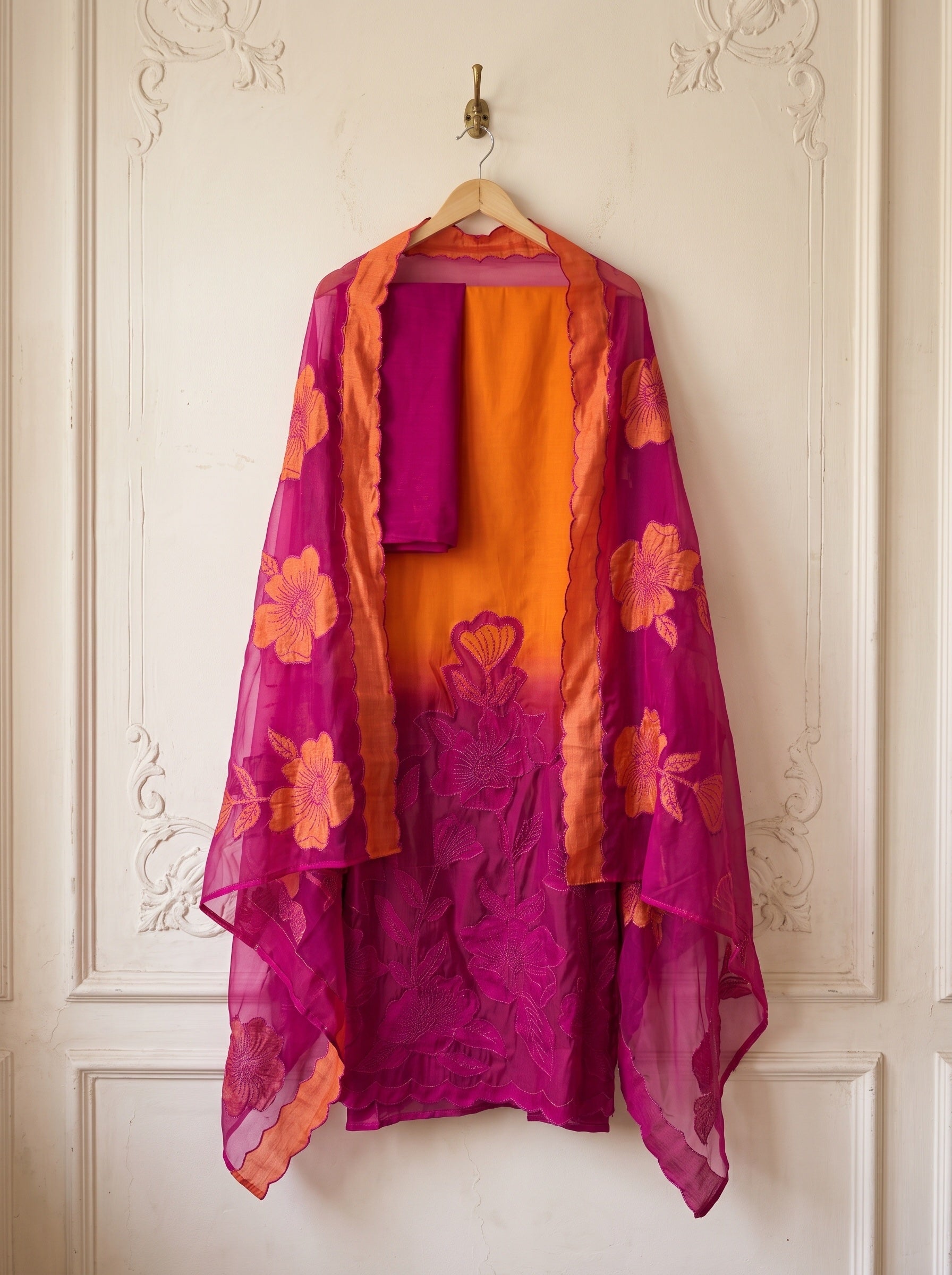 Orange Muslin Embroidered Unstitched 3-Piece Suit (Devri – D.No 13787)