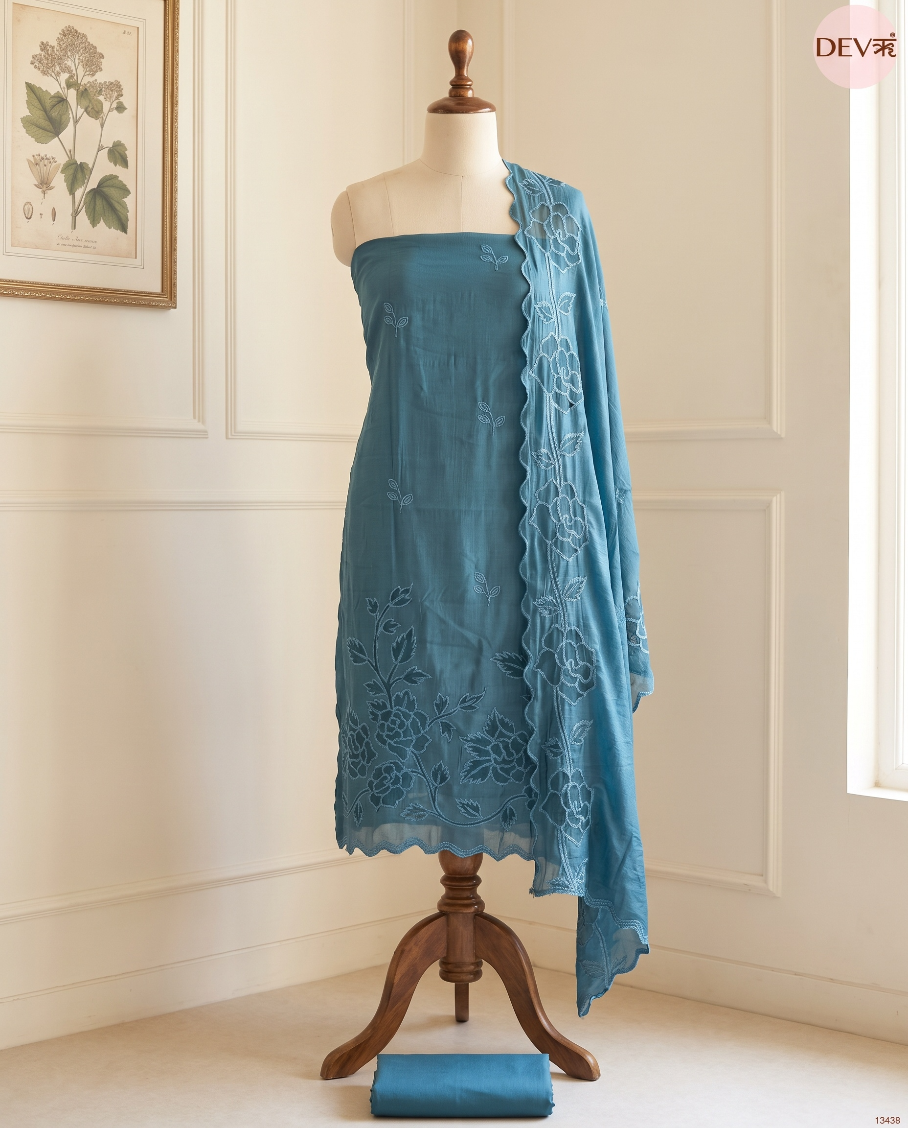 Teal Mul Chanderi Embroidered Unstitched 3-Piece Suit (Devri – D.No 13439)