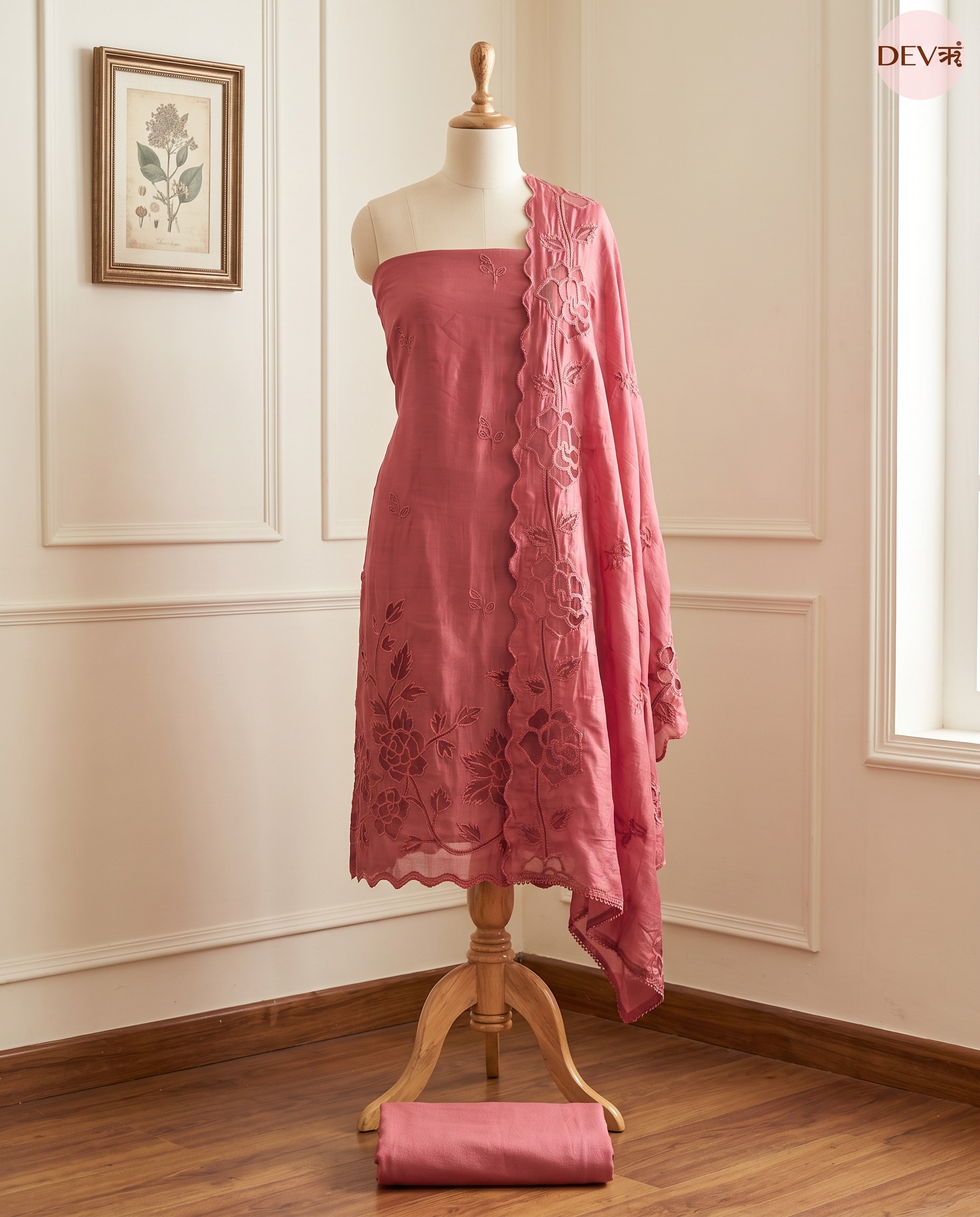 Pink Mul Chanderi Embroidered Unstitched 3-Piece Suit (Devri – D.No 13437)