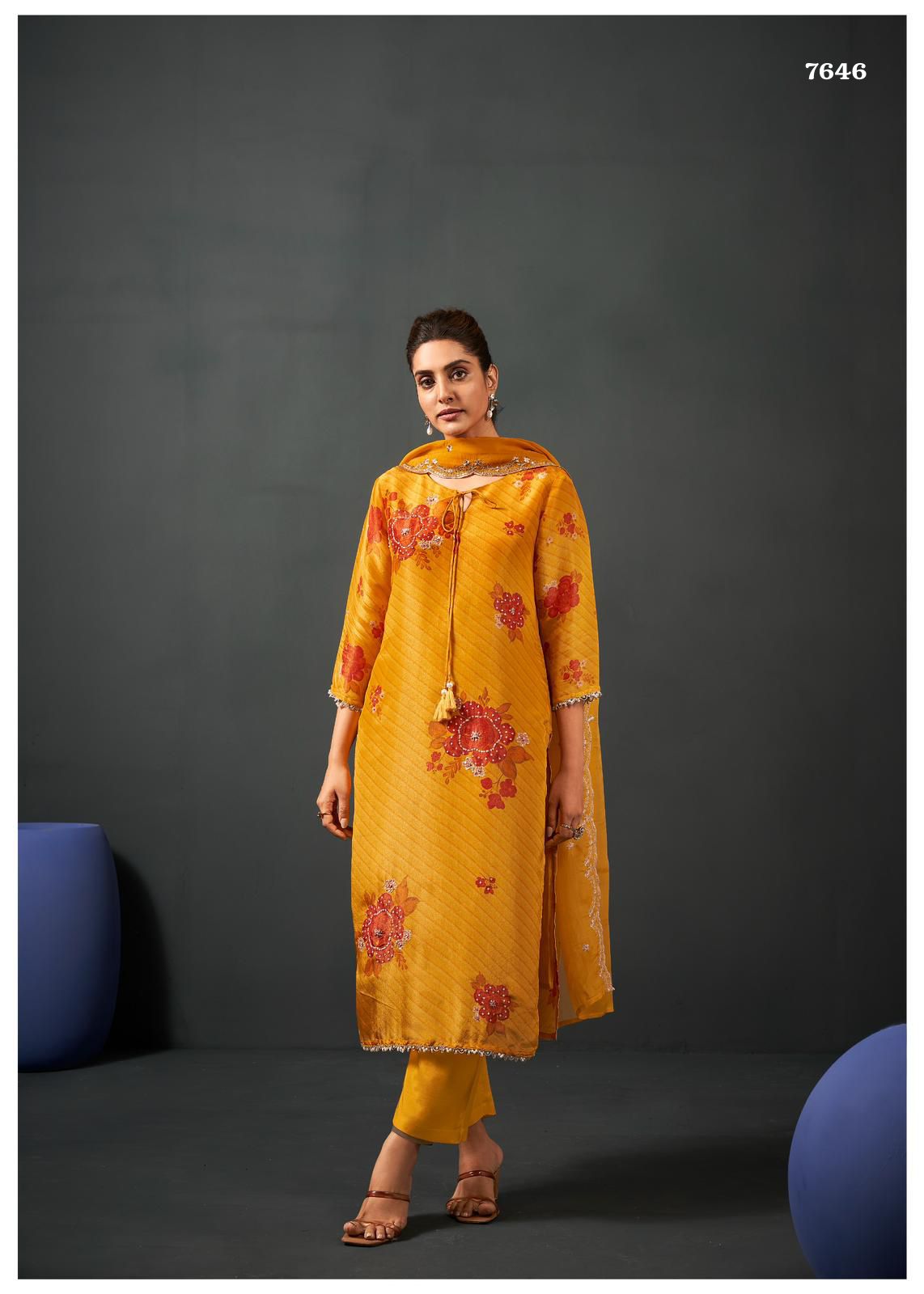New mustard festive tissue suit