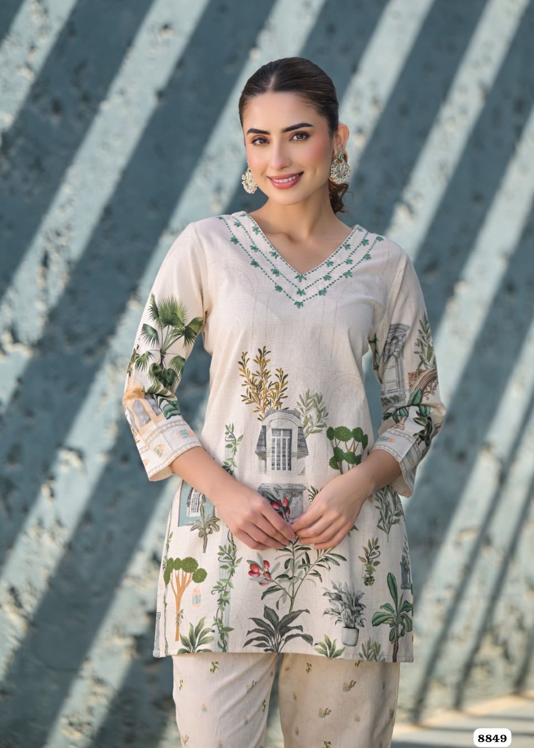 Pure shade of white cotton printed Readymade co-ord {8849}