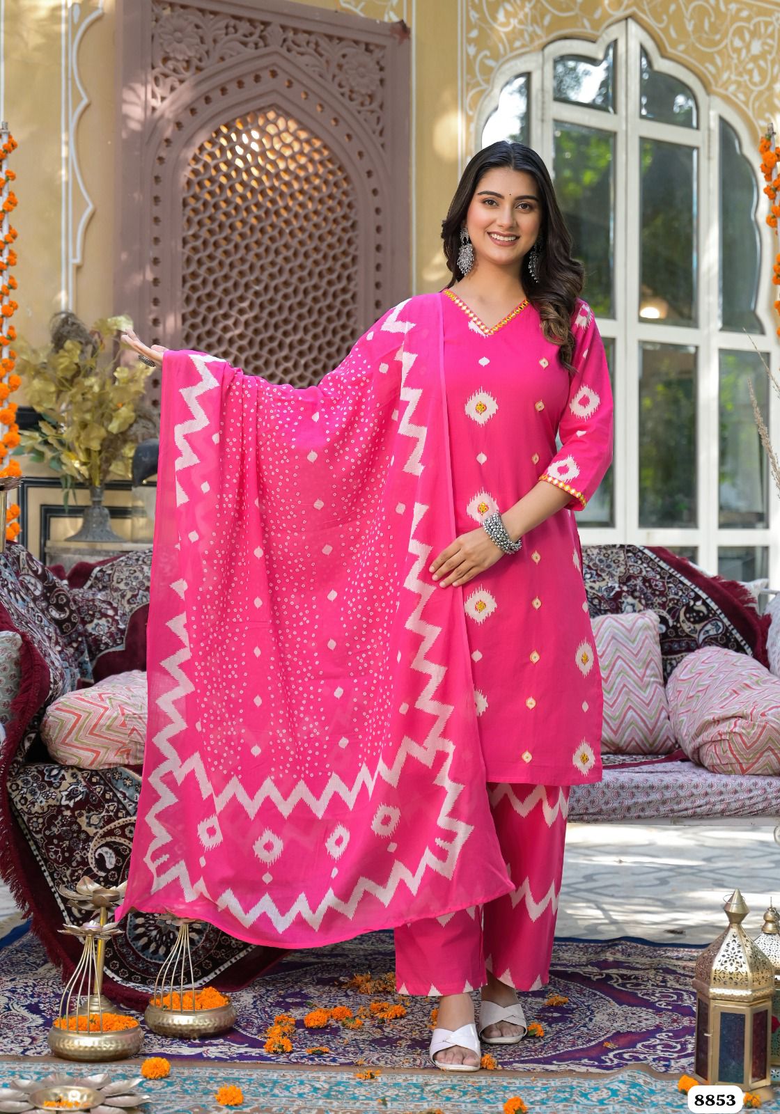 shade of pink Pure cotton printed Readymade suit set {8853}