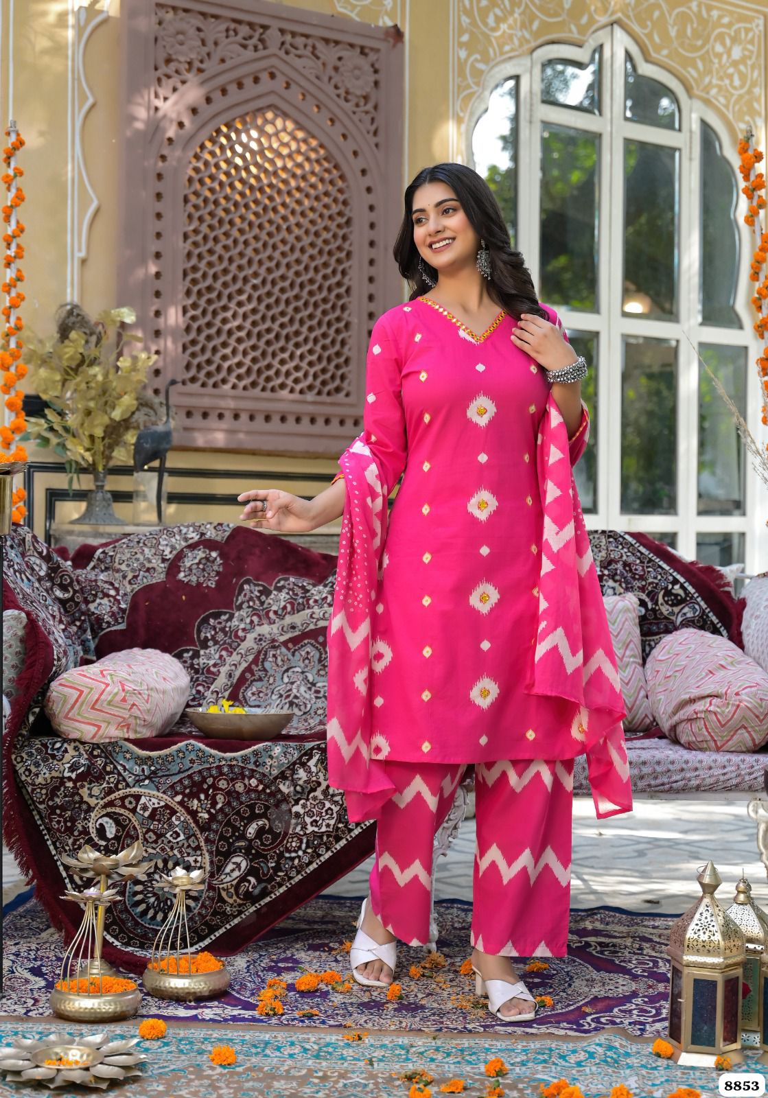 shade of pink Pure cotton printed Readymade suit set {8853}