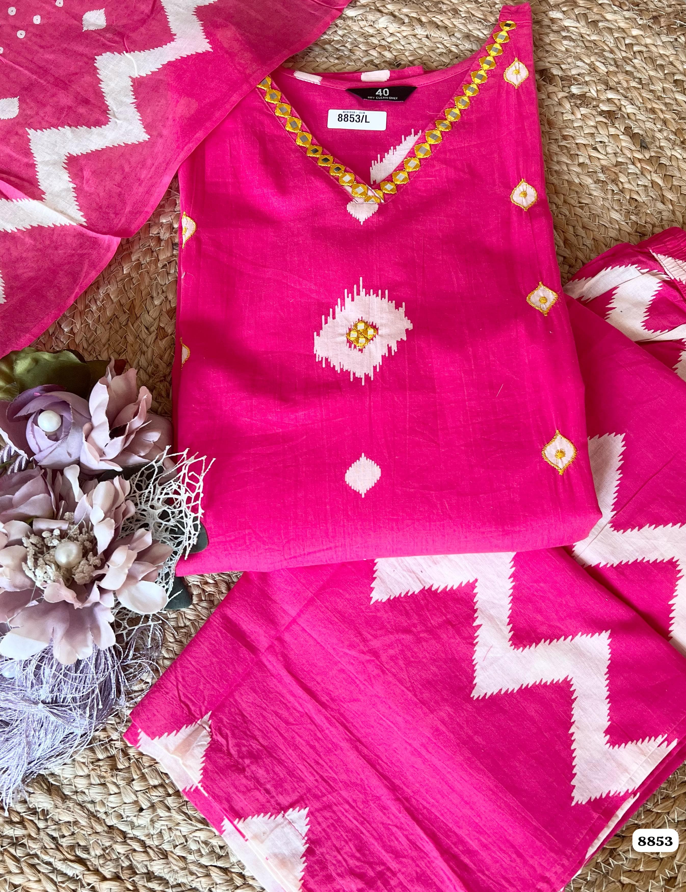 shade of pink Pure cotton printed Readymade suit set {8853}