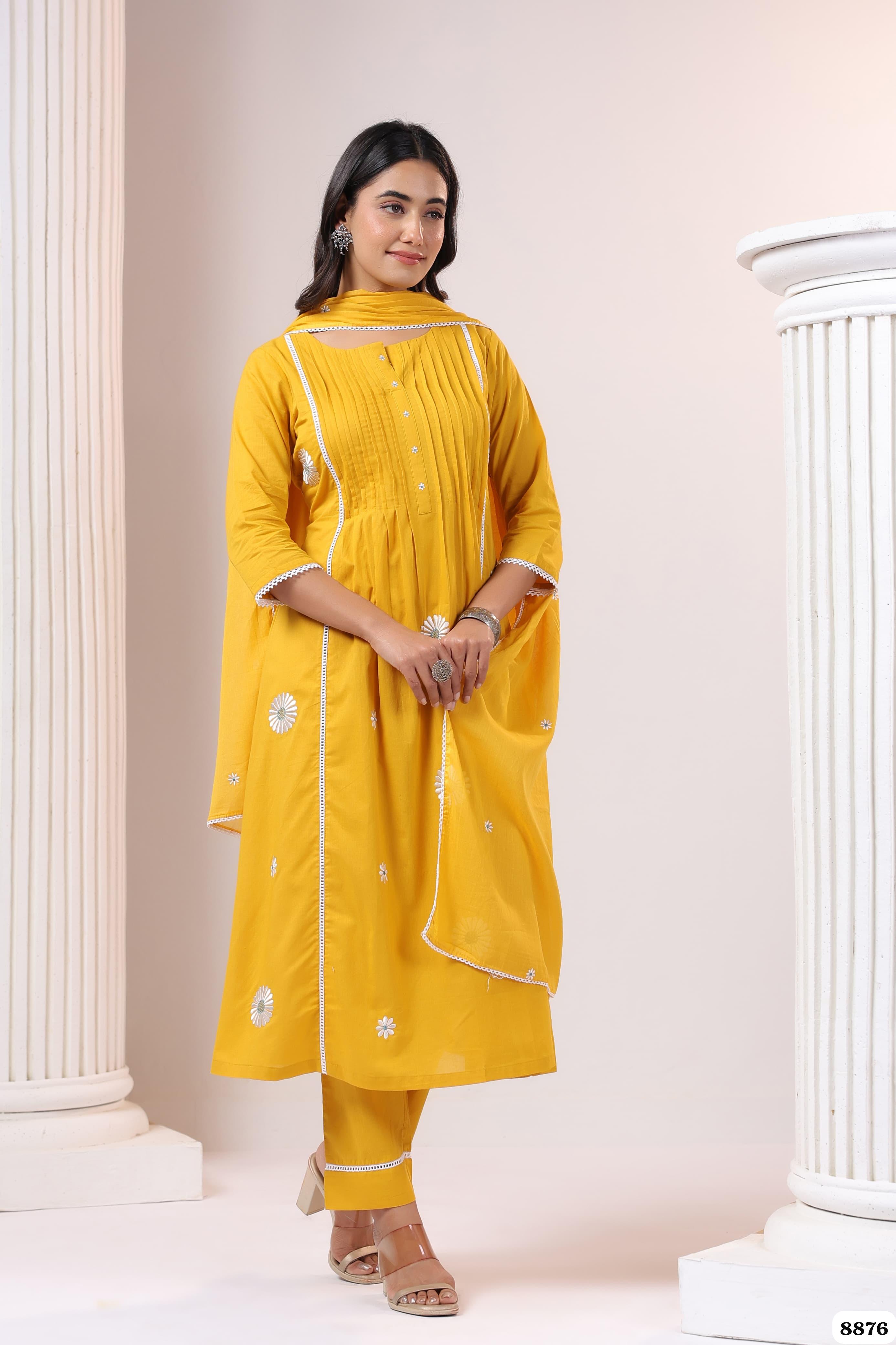 Shade of Yellow mul Chanderi Readymade set-of-3 thread works