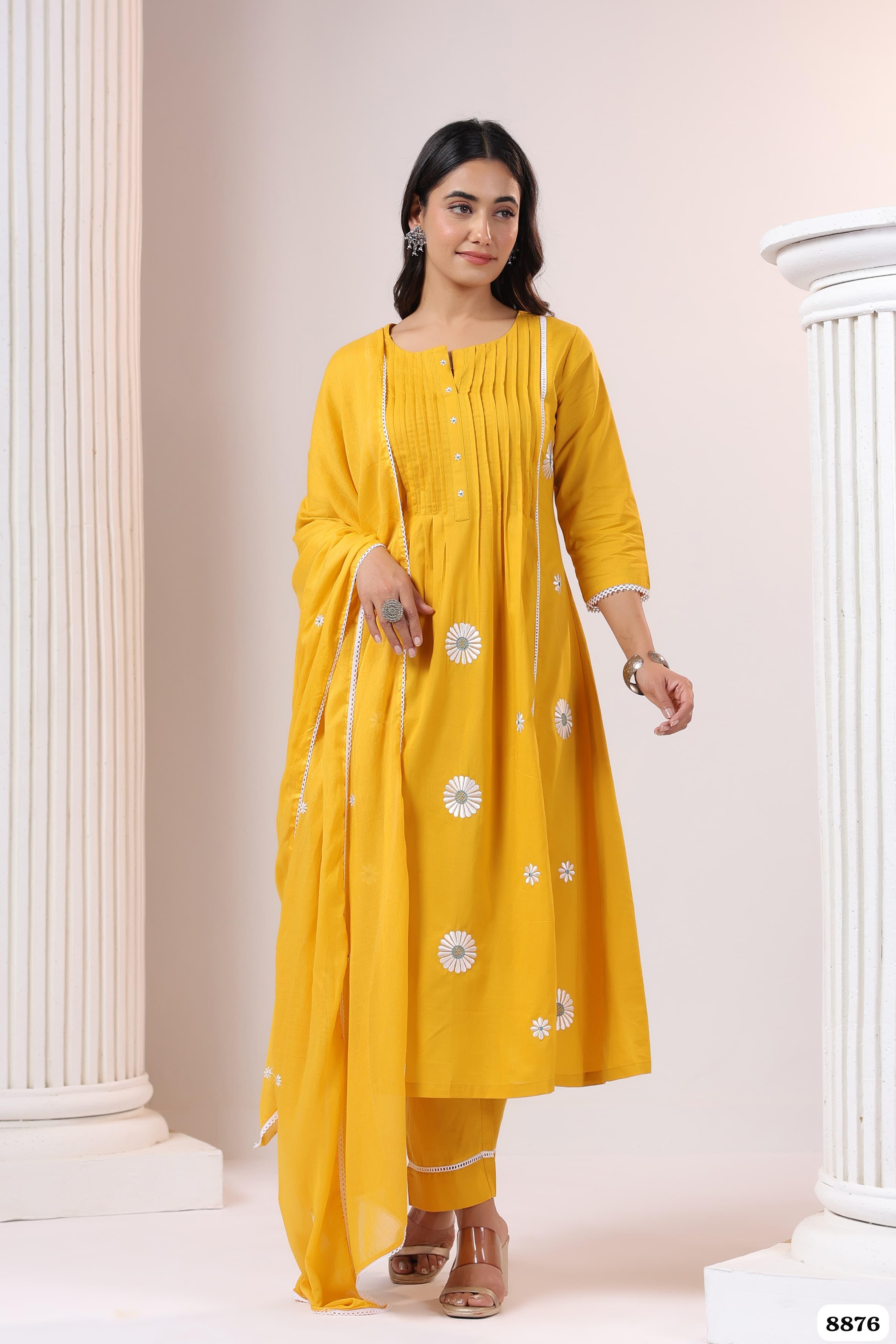 Shade of Yellow mul Chanderi Readymade set-of-3 thread works {8876}