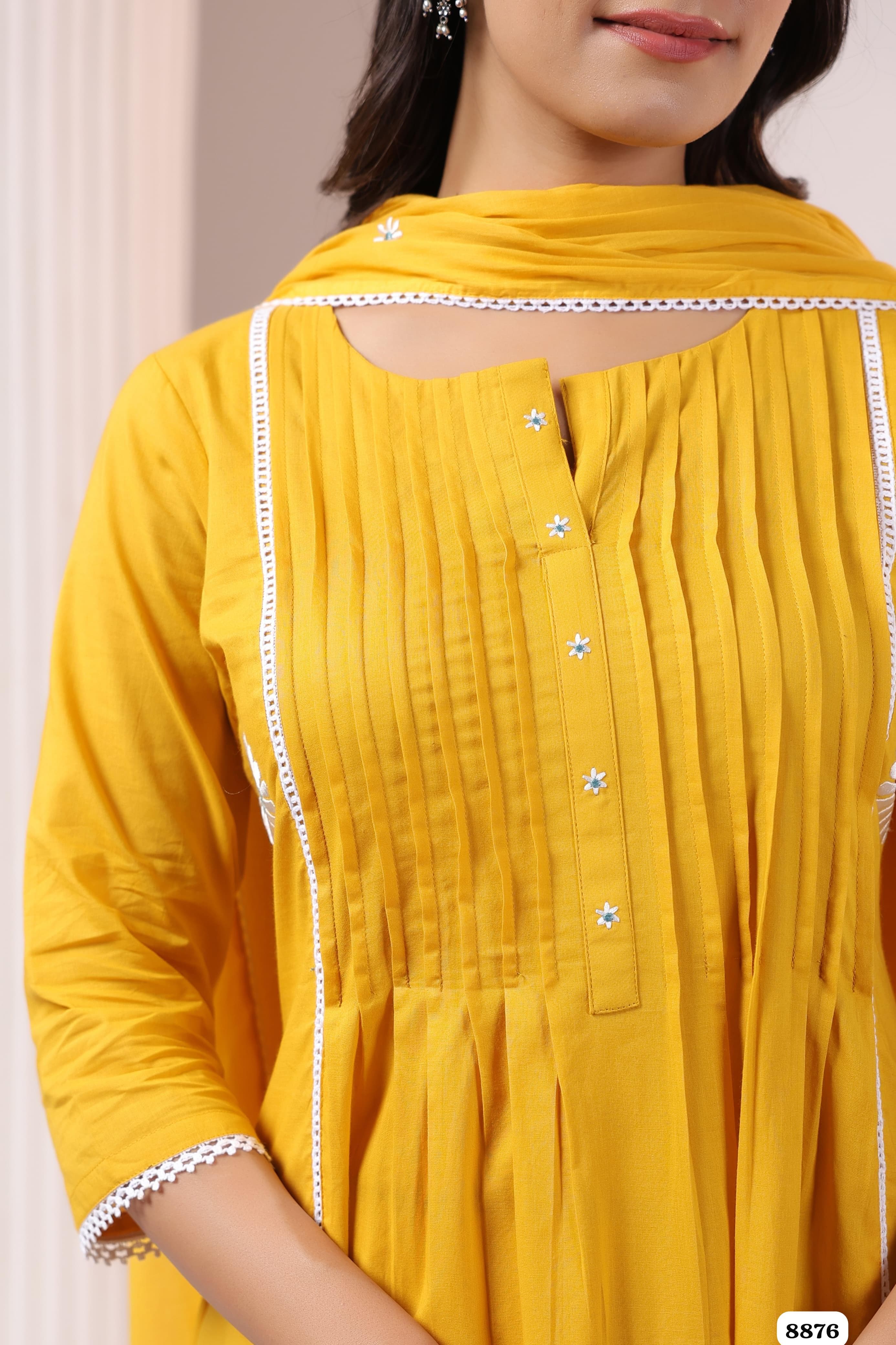 Shade of Yellow mul Chanderi Readymade set-of-3 thread works {8876}