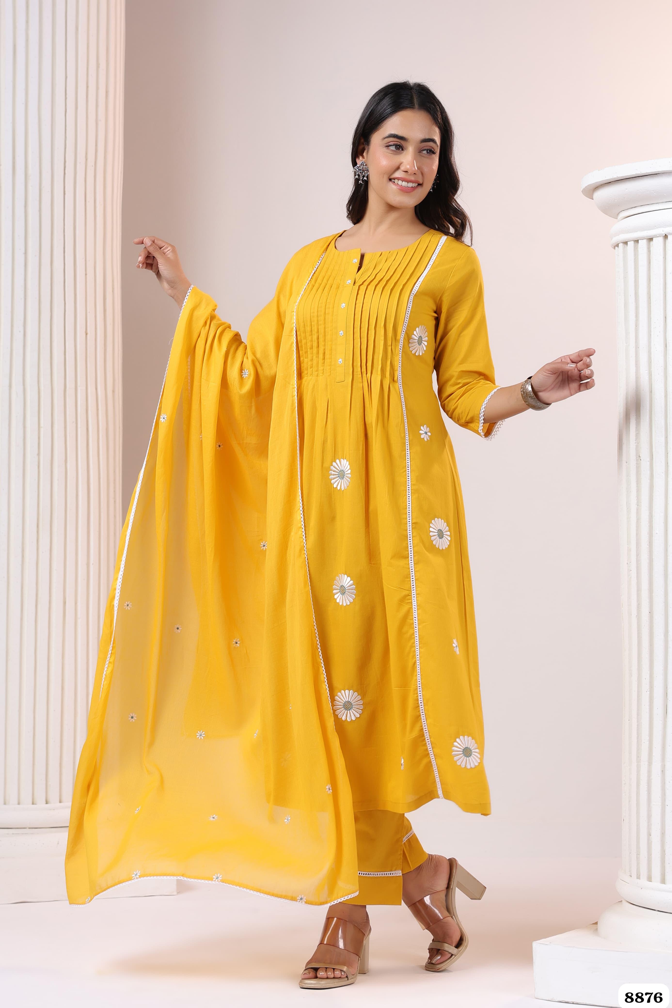 Shade of Yellow mul Chanderi Readymade set-of-3 thread works {8876}