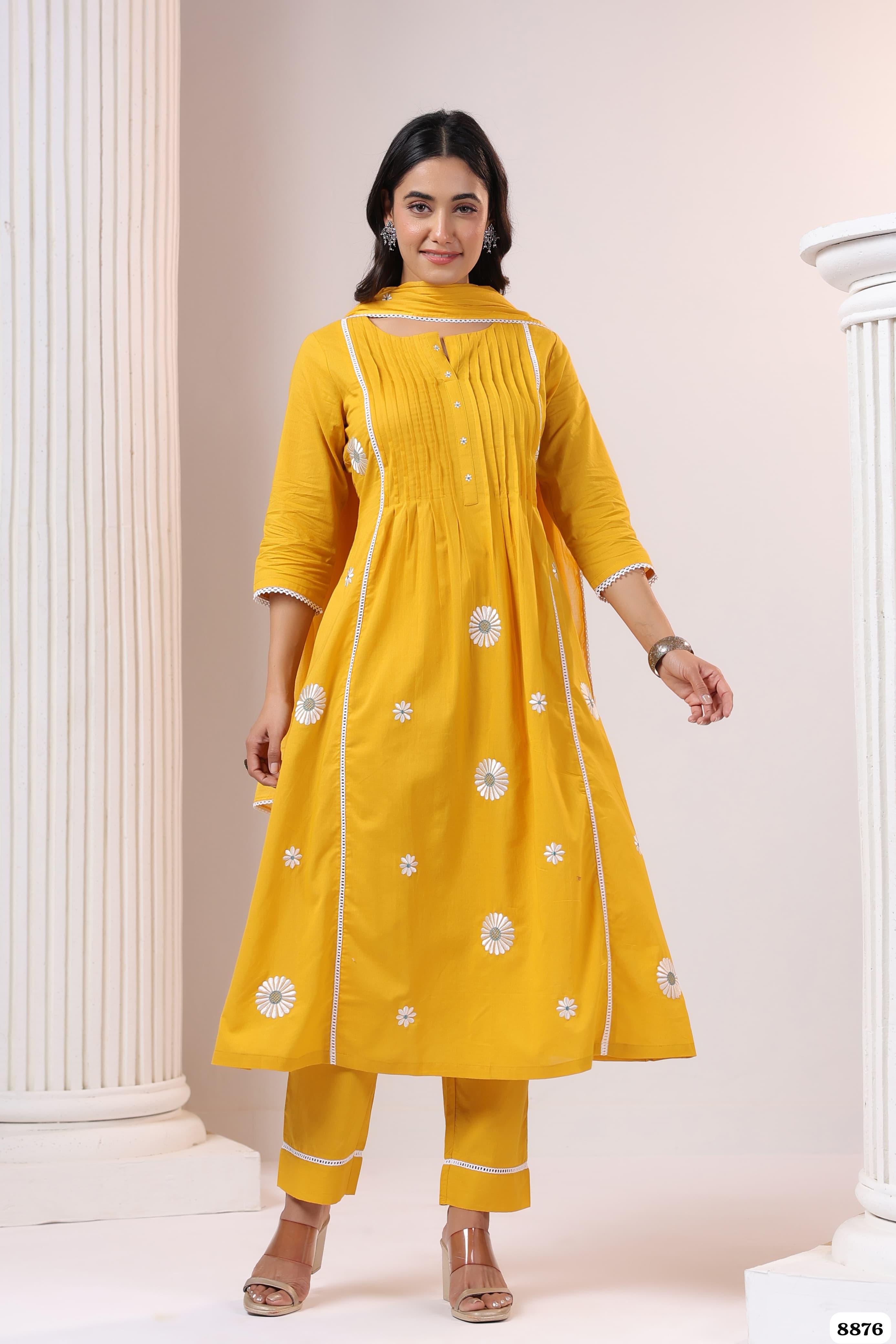 Shade of Yellow mul Chanderi Readymade set-of-3 thread works {8876}