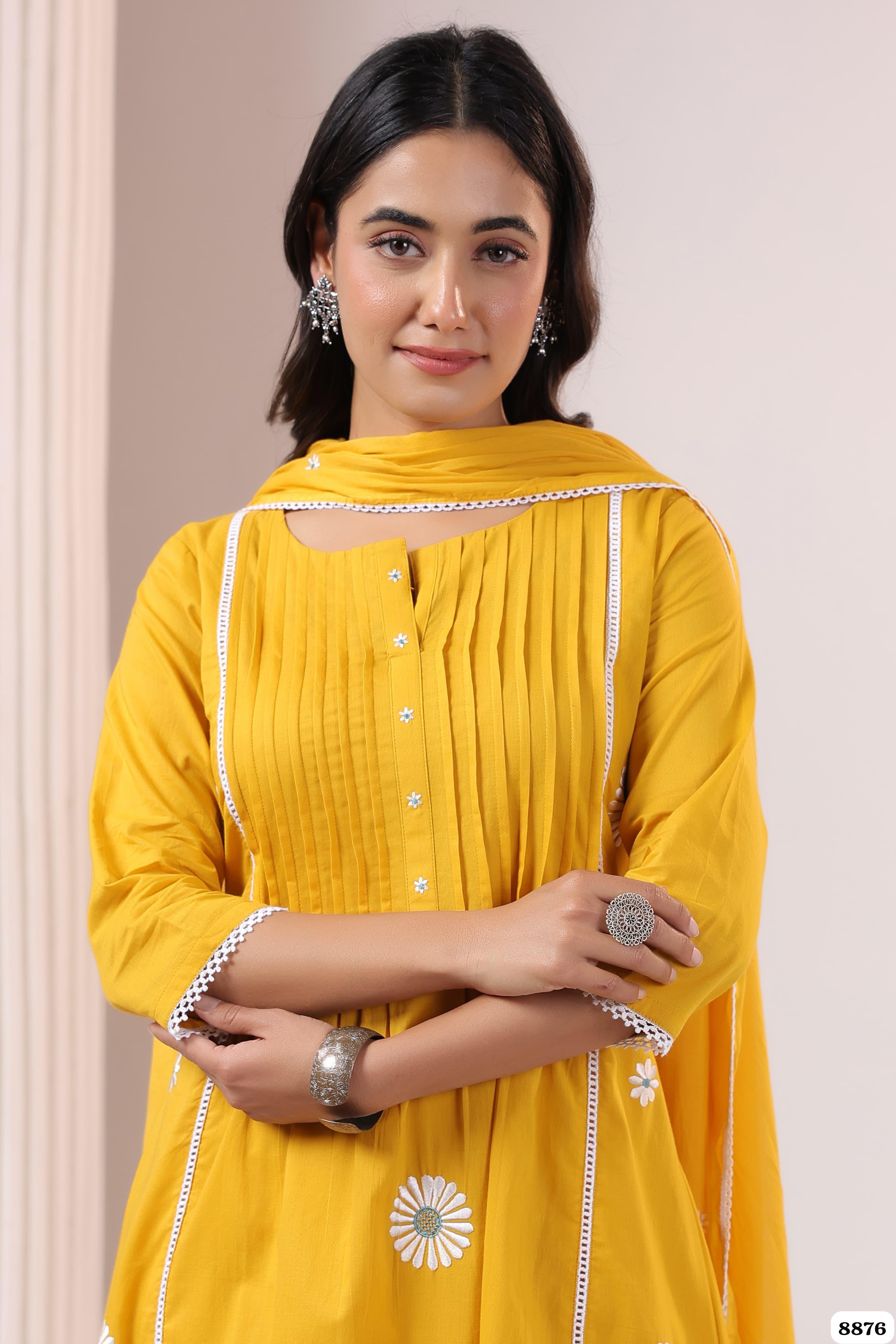 Shade of Yellow mul Chanderi Readymade set-of-3 thread works {8876}