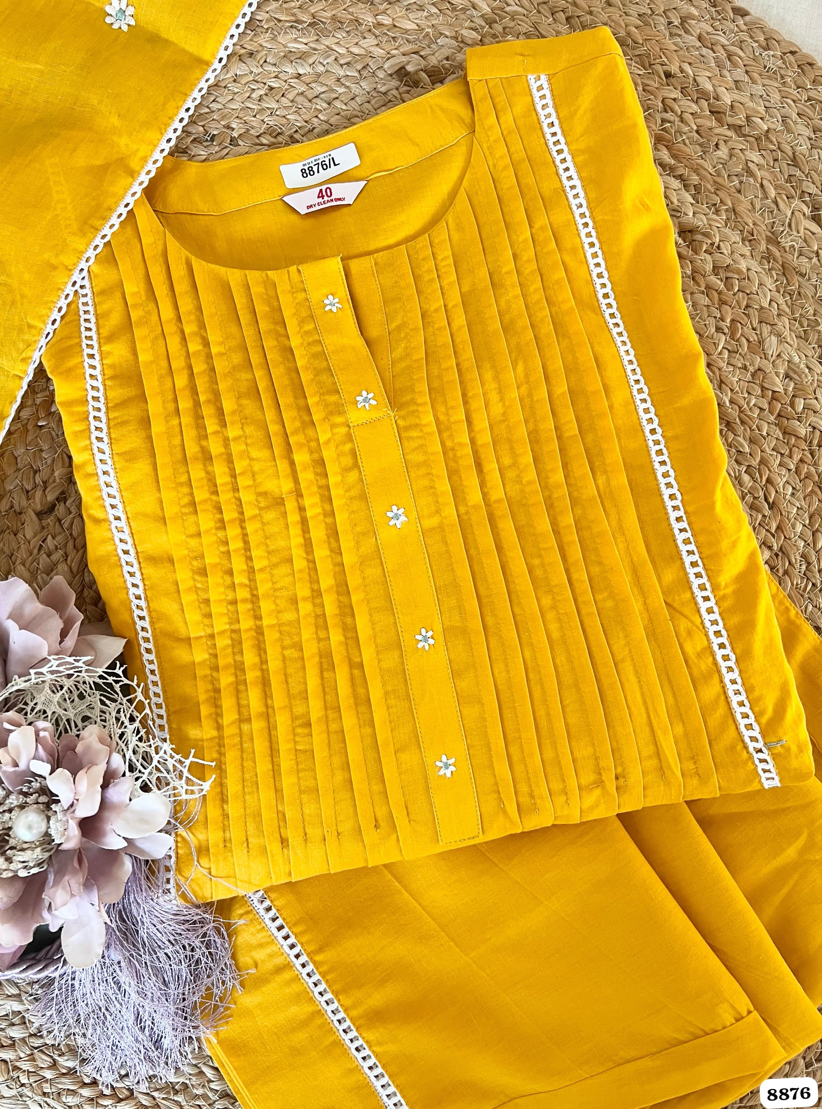 Shade of Yellow mul Chanderi Readymade set-of-3 thread works {8876}