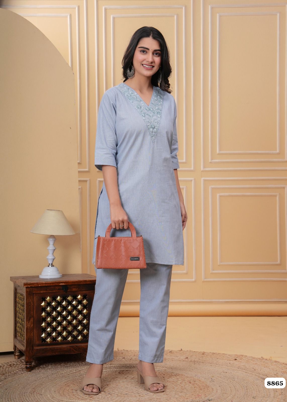Powder Blue thread work Cotton Co-ord Set - Set of 2 {8865}