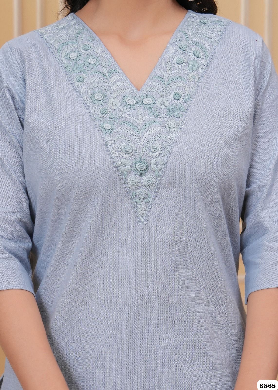 Powder Blue thread work Cotton Co-ord Set - Set of 2 {8865}