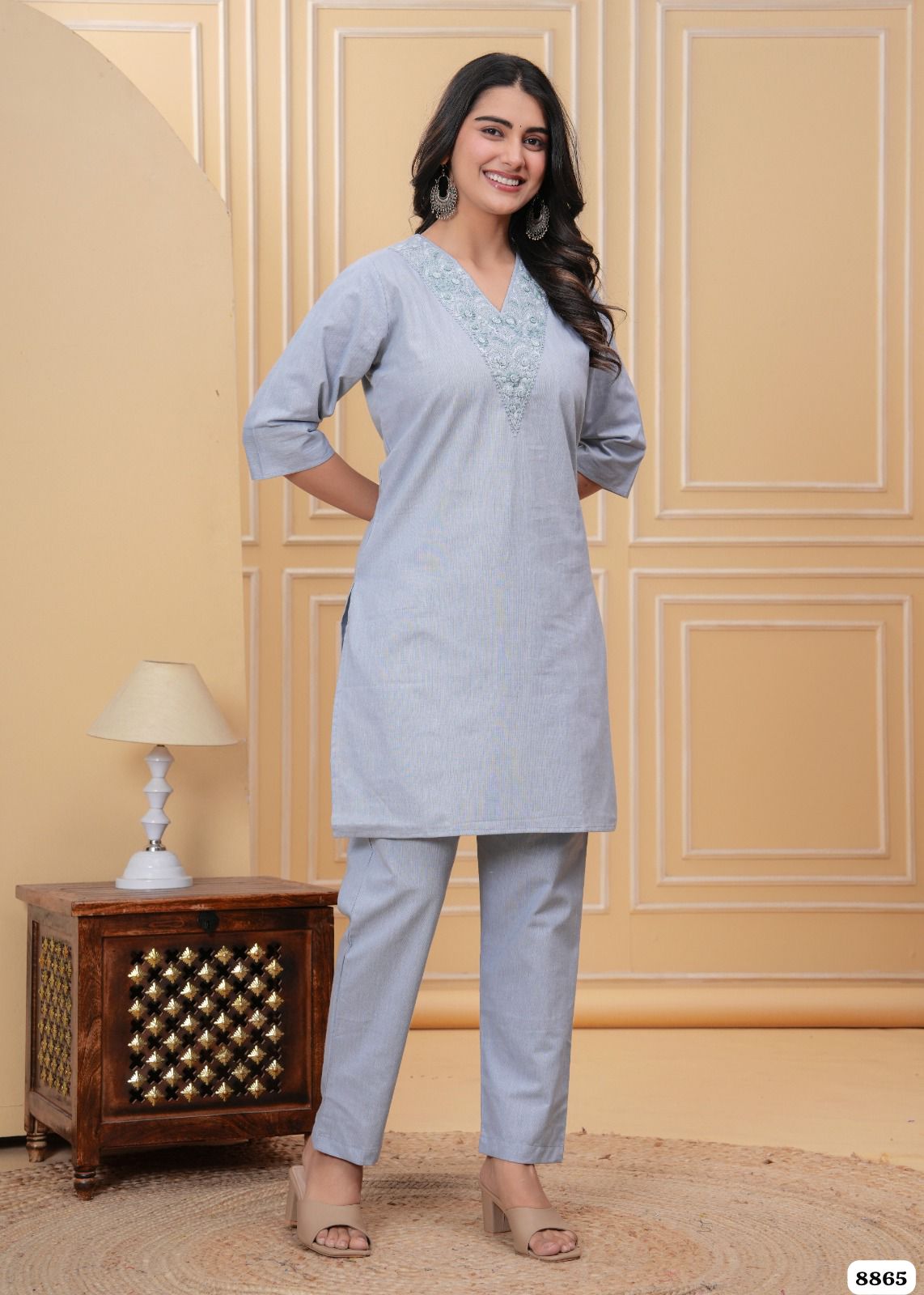 Powder Blue thread work Cotton Co-ord Set - Set of 2 {8865}