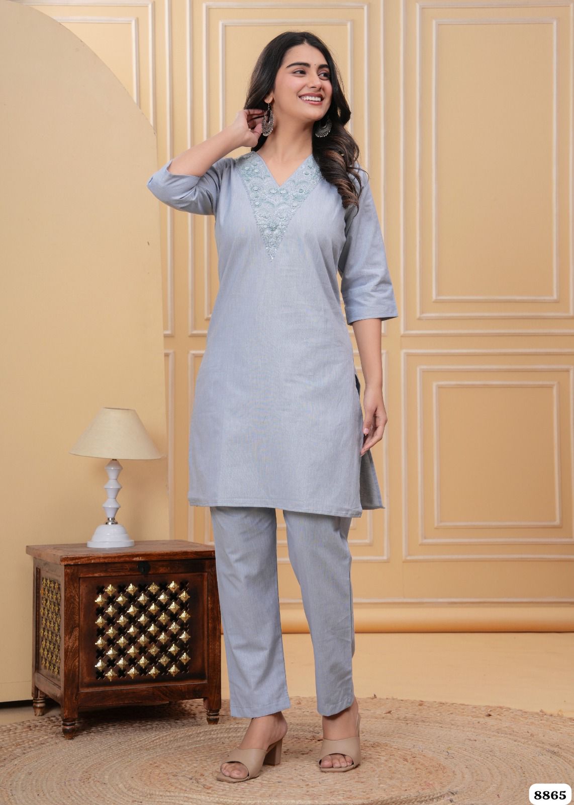 Powder Blue thread work Cotton Co-ord Set - Set of 2 {8865}