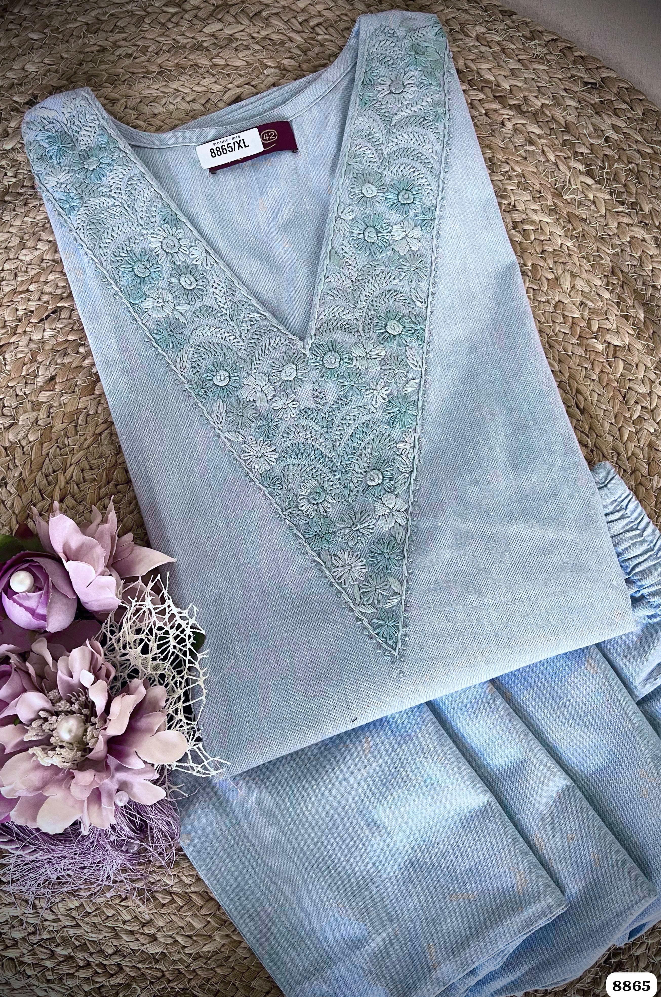 Powder Blue thread work Cotton Co-ord Set - Set of 2 {8865}