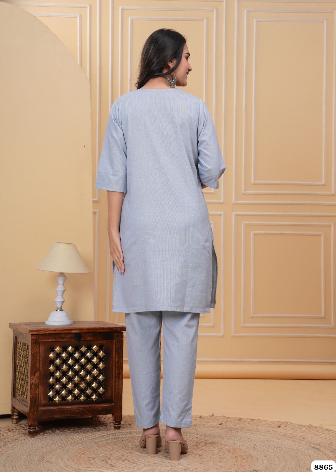 Powder Blue thread work Cotton Co-ord Set - Set of 2 {8865}
