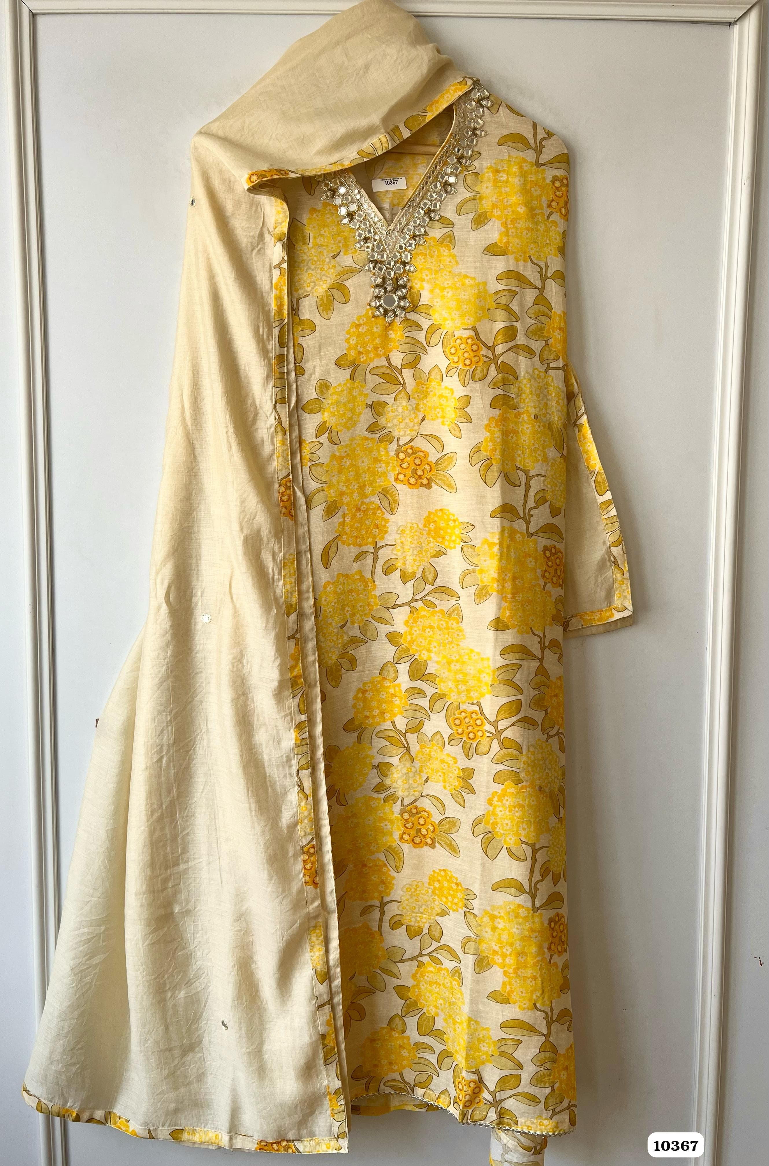 Yellow linen cotton unstitched embroidered mirror work - Set of 3