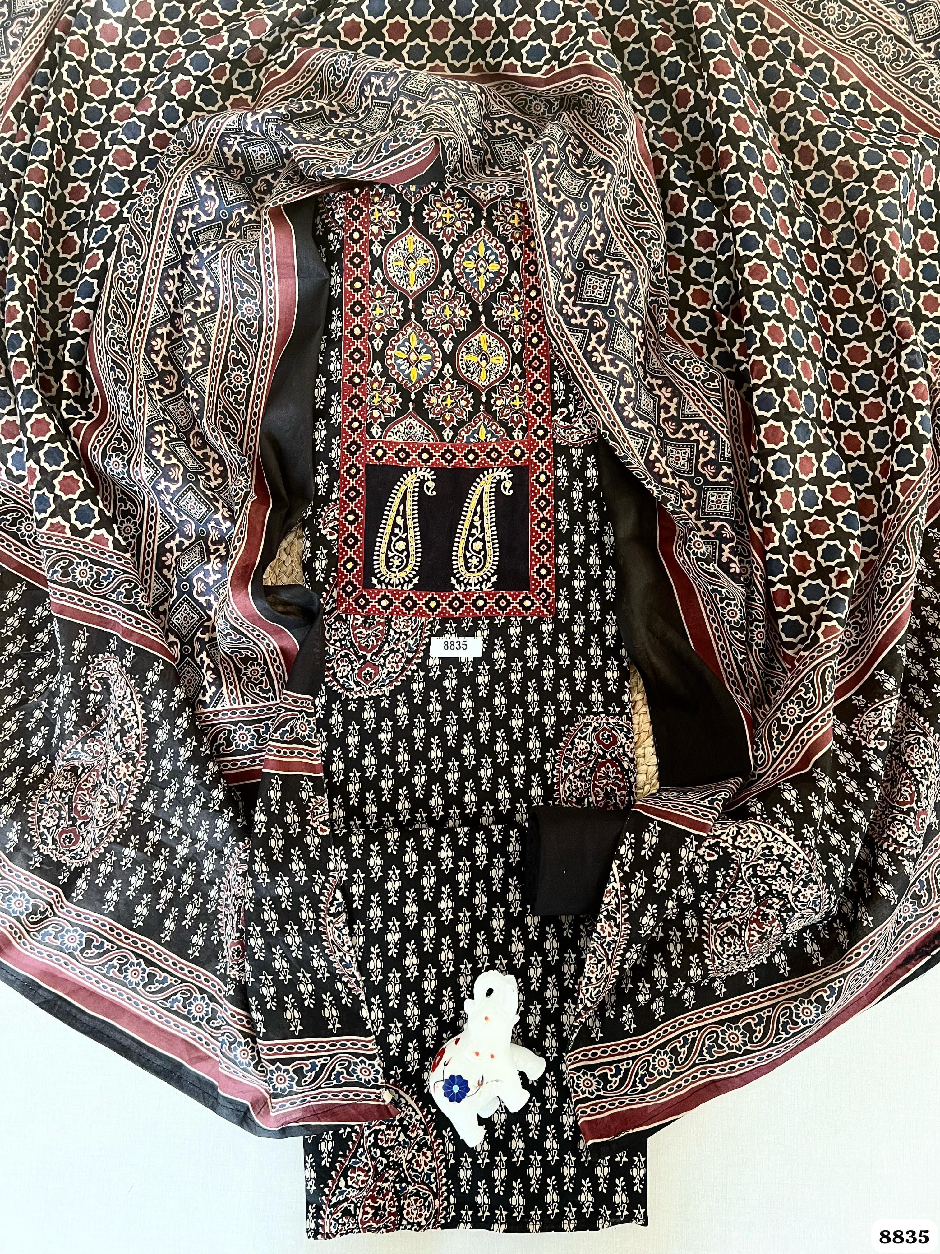 Black Jaipuri Ajrak Cotton unstitched Suit - Set of 3