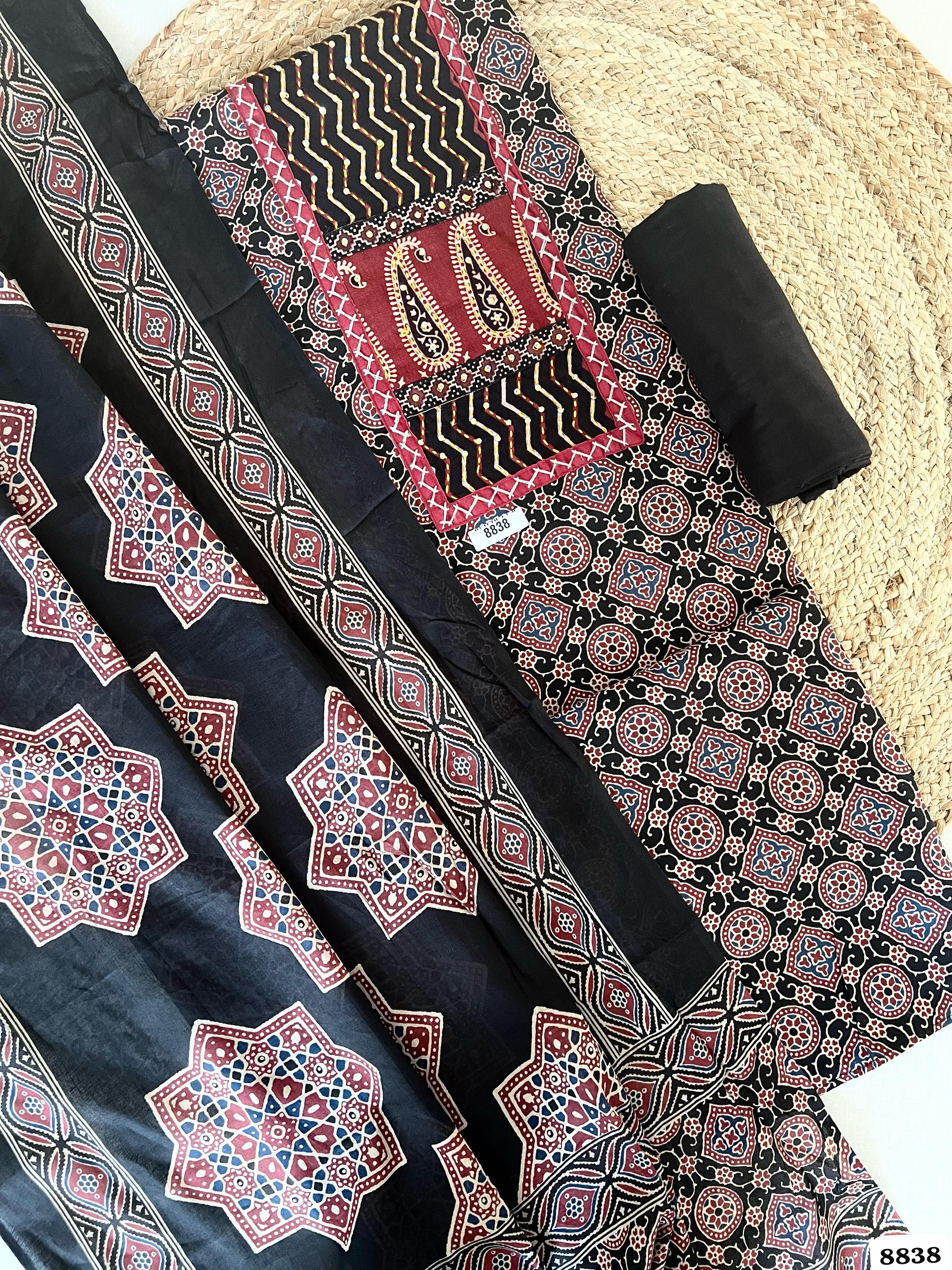 Black Jaipuri Ajrak  cotton unstitched katha sequins works - Set of 3
