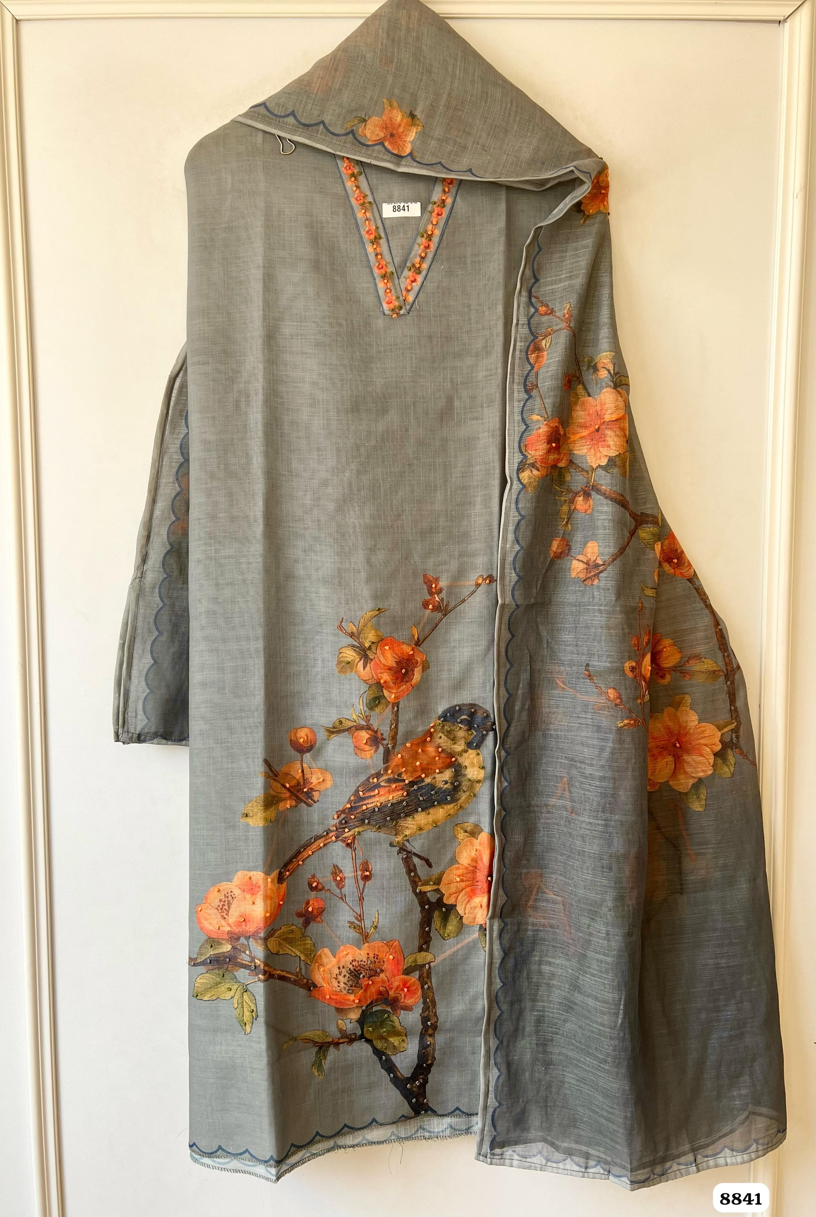 Grey Linen Print Unstitched Katha Thread -Set of 3