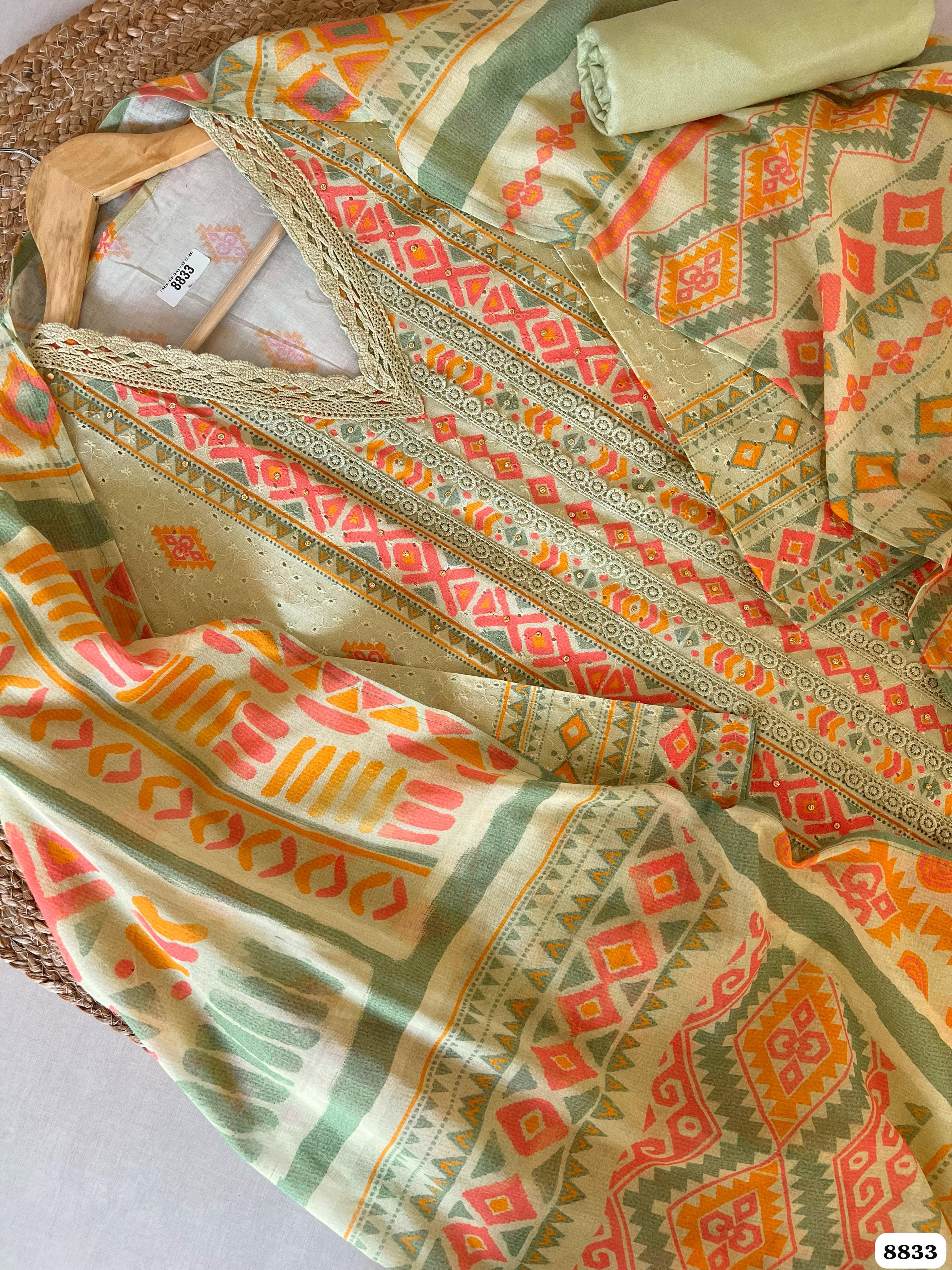 Green Cotton Chikankari Semi-Stitched Stylish Print -Set of 3