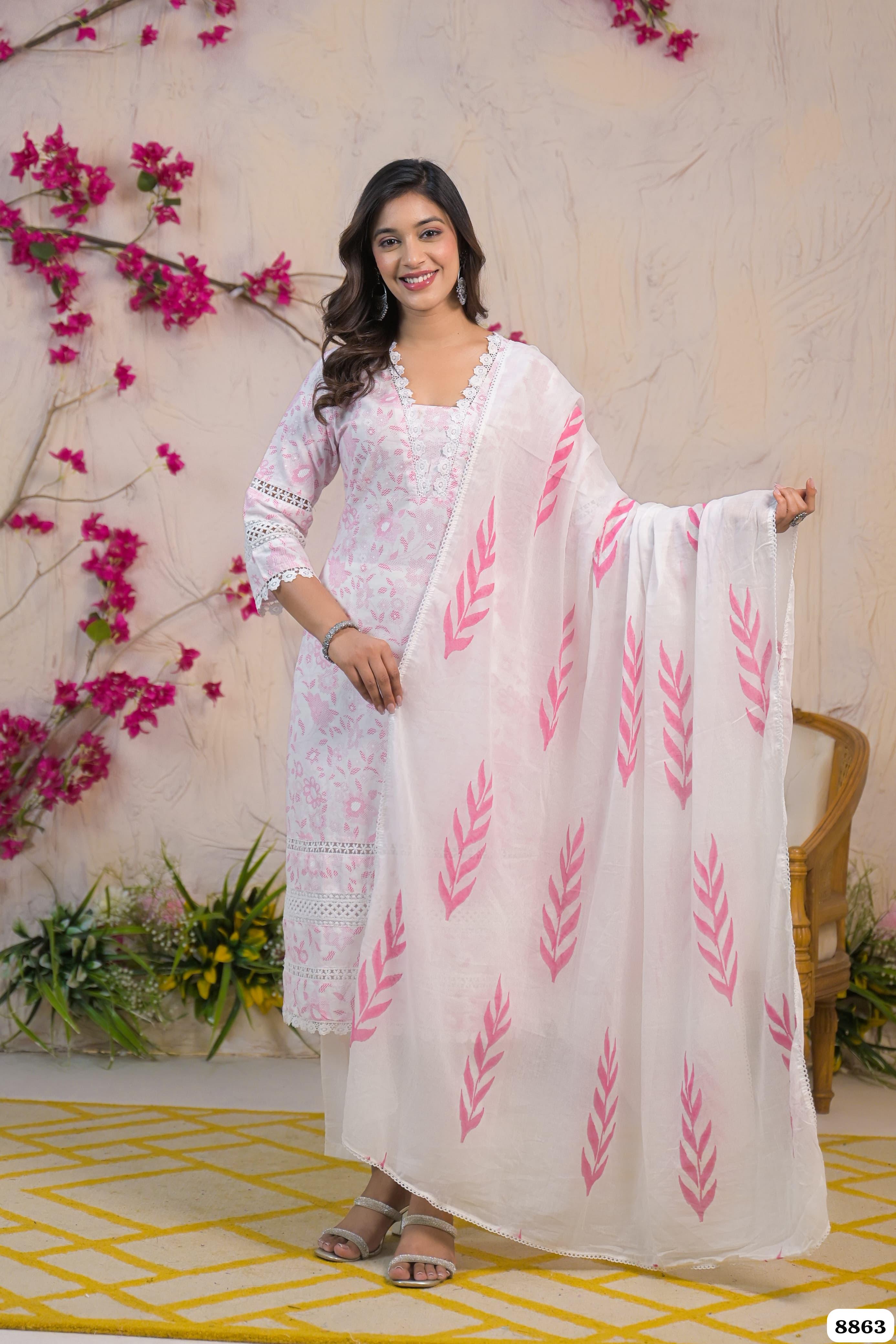 Trendy Pink Cotton Printed Ready-Made Elegant Crocia Lace -Set of 3 {8863}