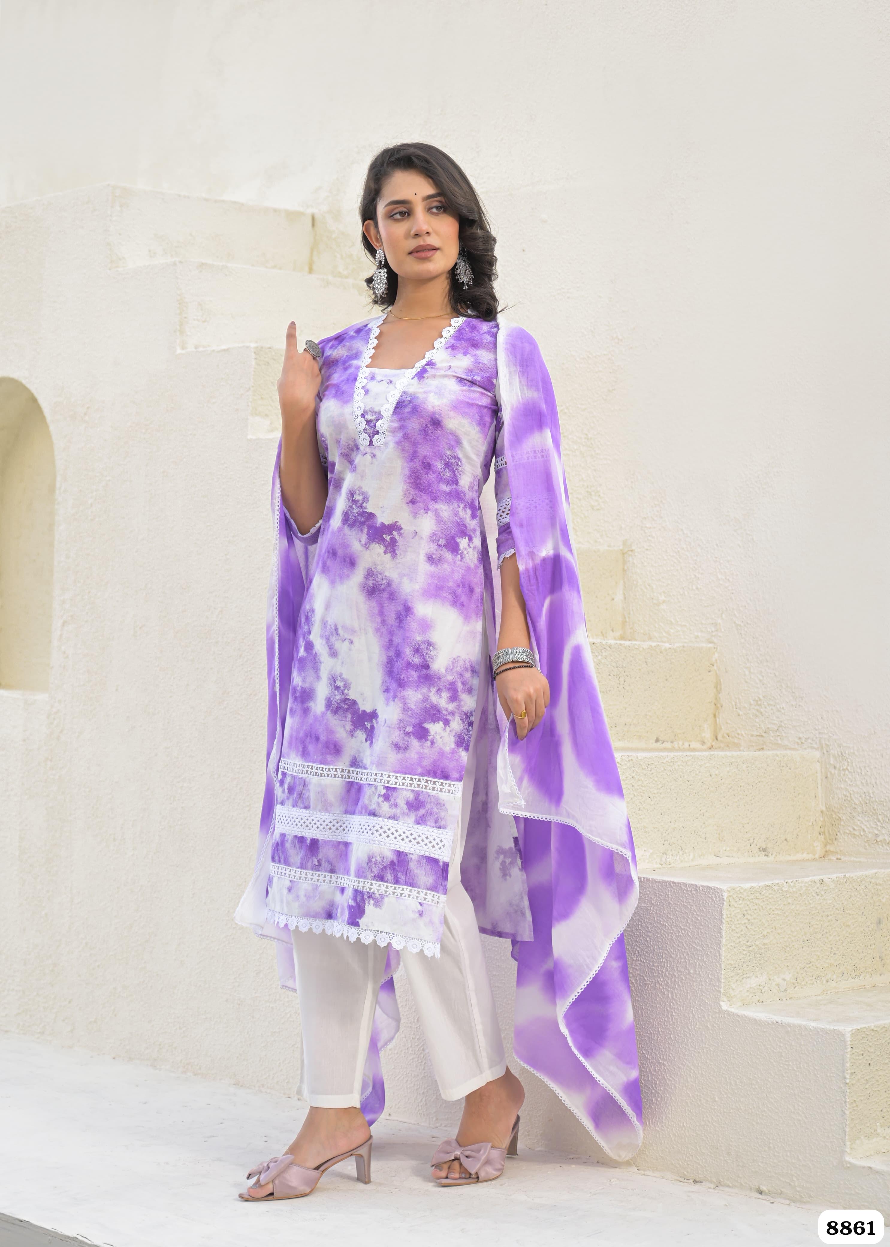 Purple Cotton Printed Ready-Made Elegant Crocia Lace -Set of 3 {8861}