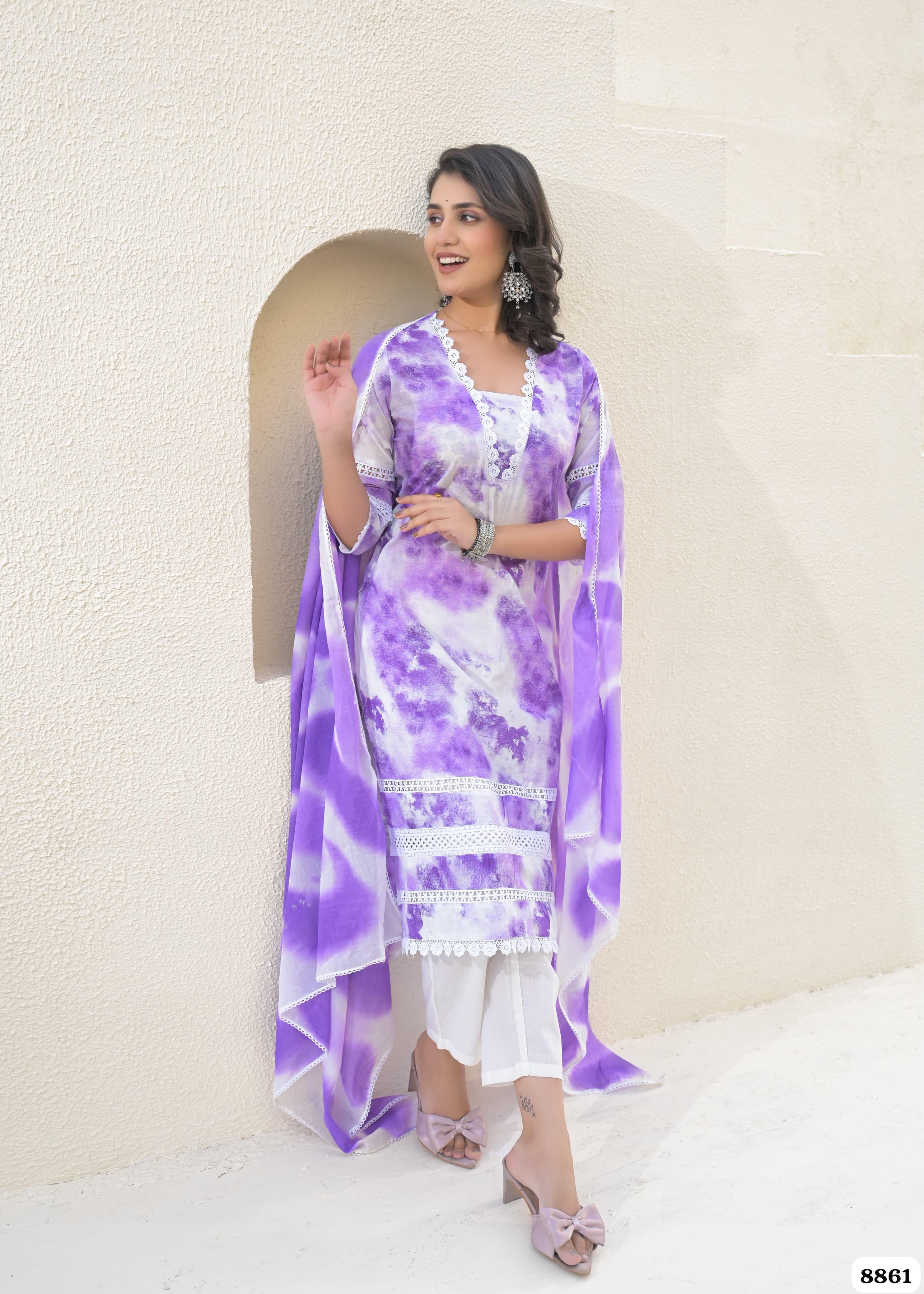 Purple Cotton Printed Ready-Made Elegant Crocia Lace -Set of 3