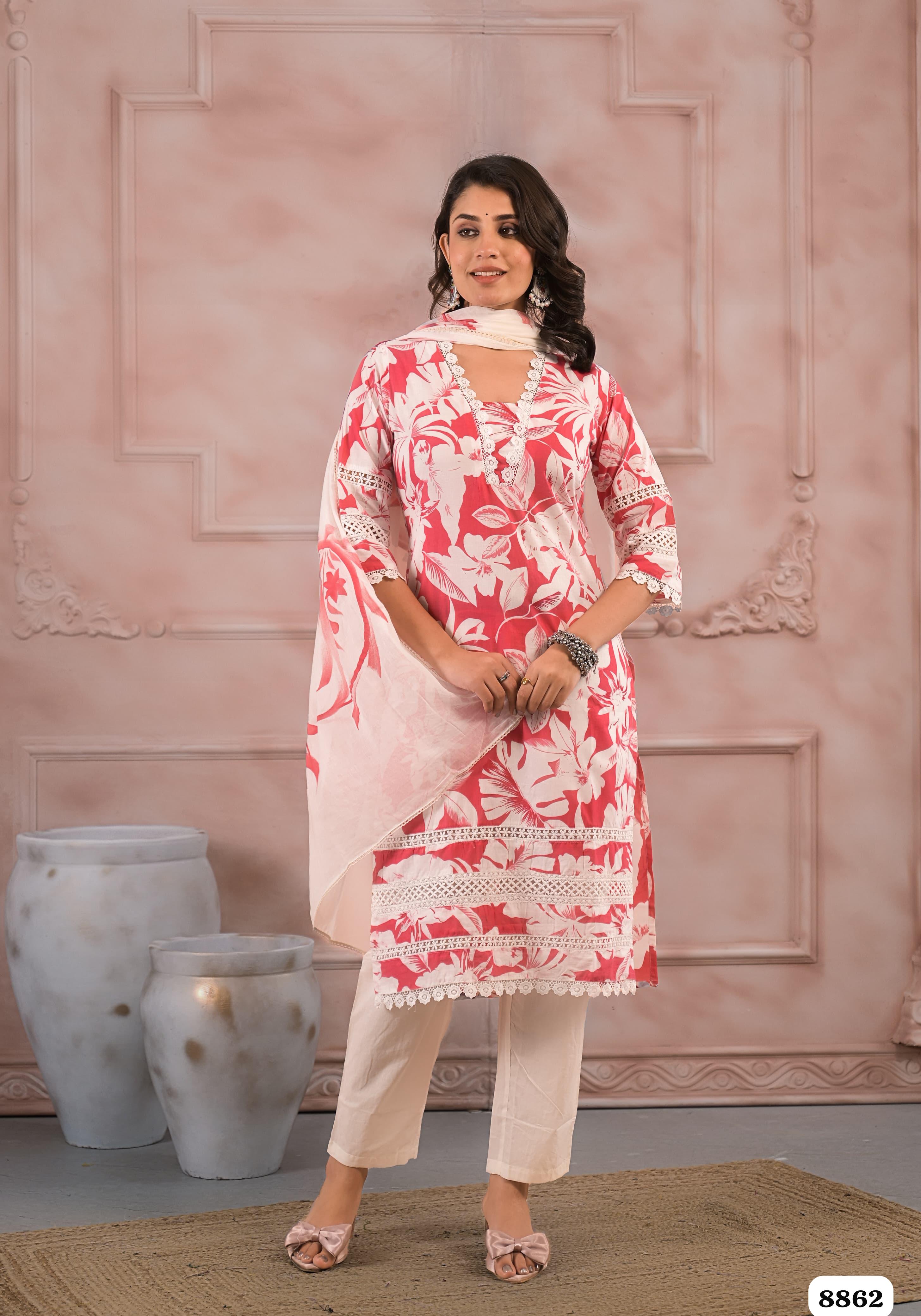 Red Cotton Printed Ready-Made Elegant Crocia Lace -Set of 3 {8862}