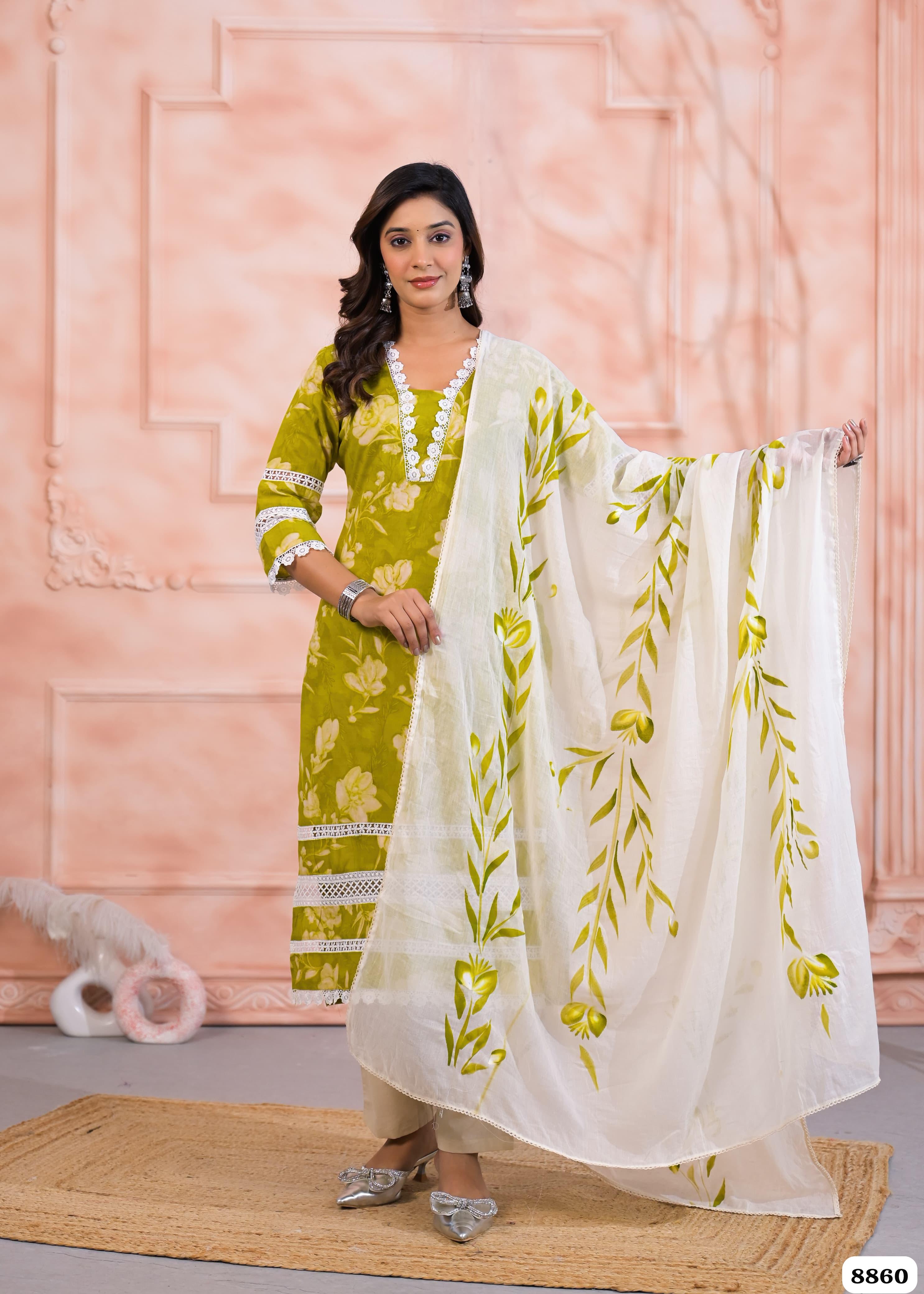 Green Cotton Printed Ready-Made Elegant Crocia Lace -Set of 3 {8860}