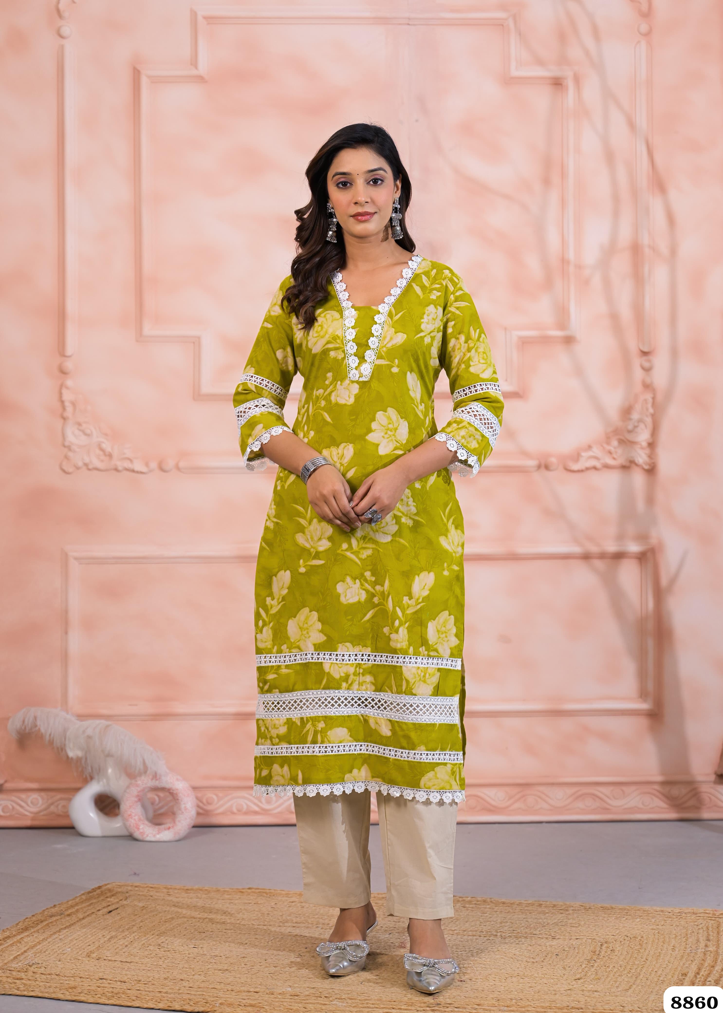 Green Cotton Printed Ready-Made Elegant Crocia Lace -Set of 3 {8860}