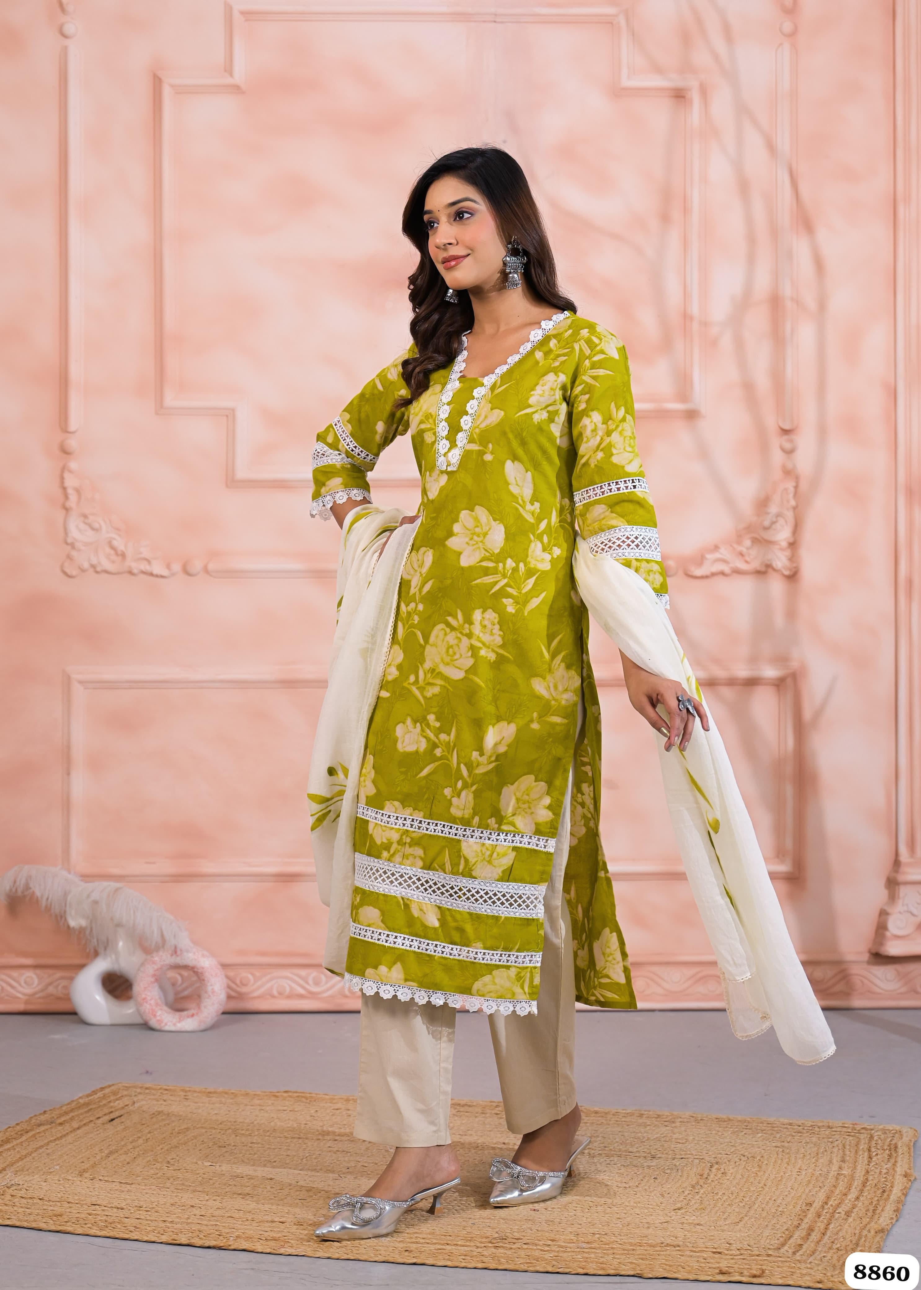 Green Cotton Printed Ready-Made Elegant Crocia Lace -Set of 3 {8860}