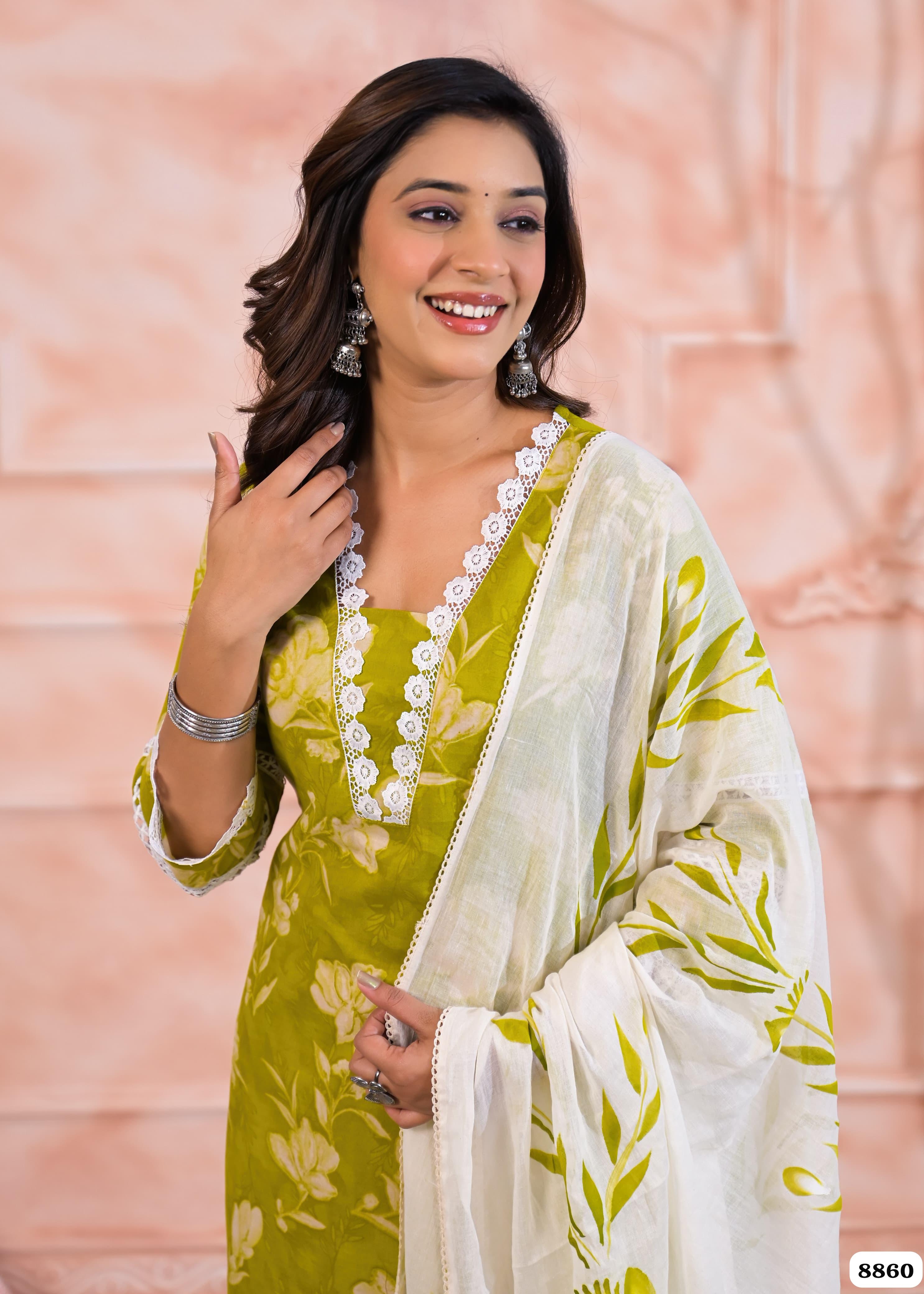 Green Cotton Printed Ready-Made Elegant Crocia Lace -Set of 3 {8860}