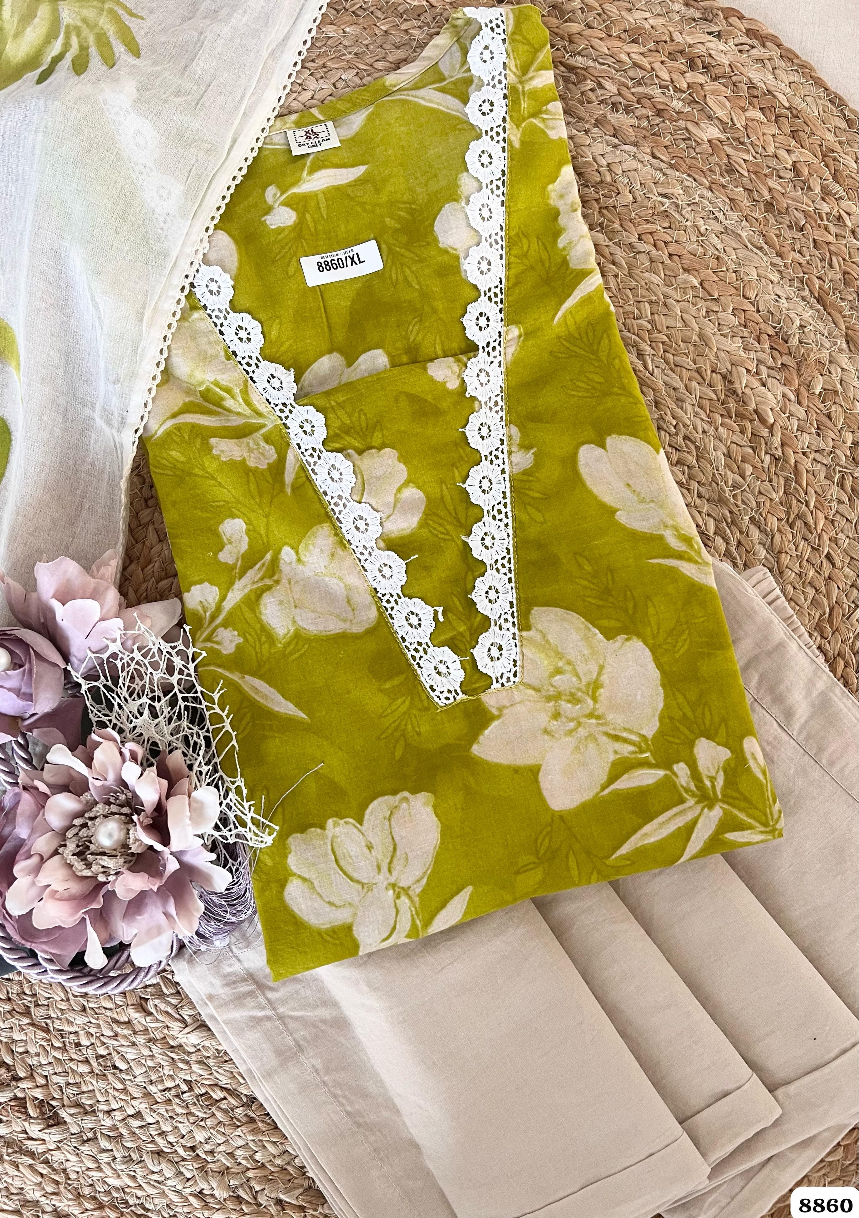 Green Cotton Printed Ready-Made Elegant Crocia Lace -Set of 3 {8860}