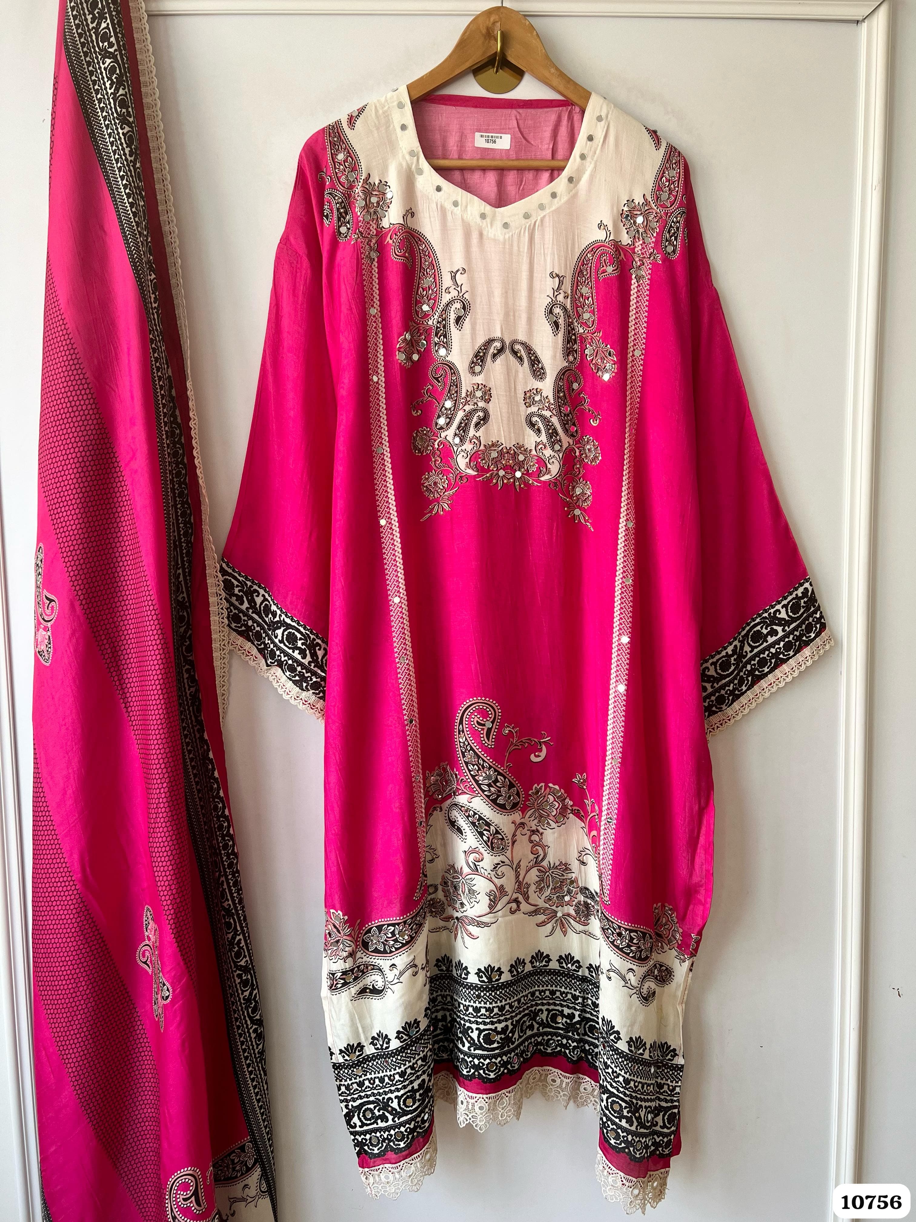Rosy Pink Muslin Semi Stitched Pakistani Printed Mirror & Laces -Set of 3