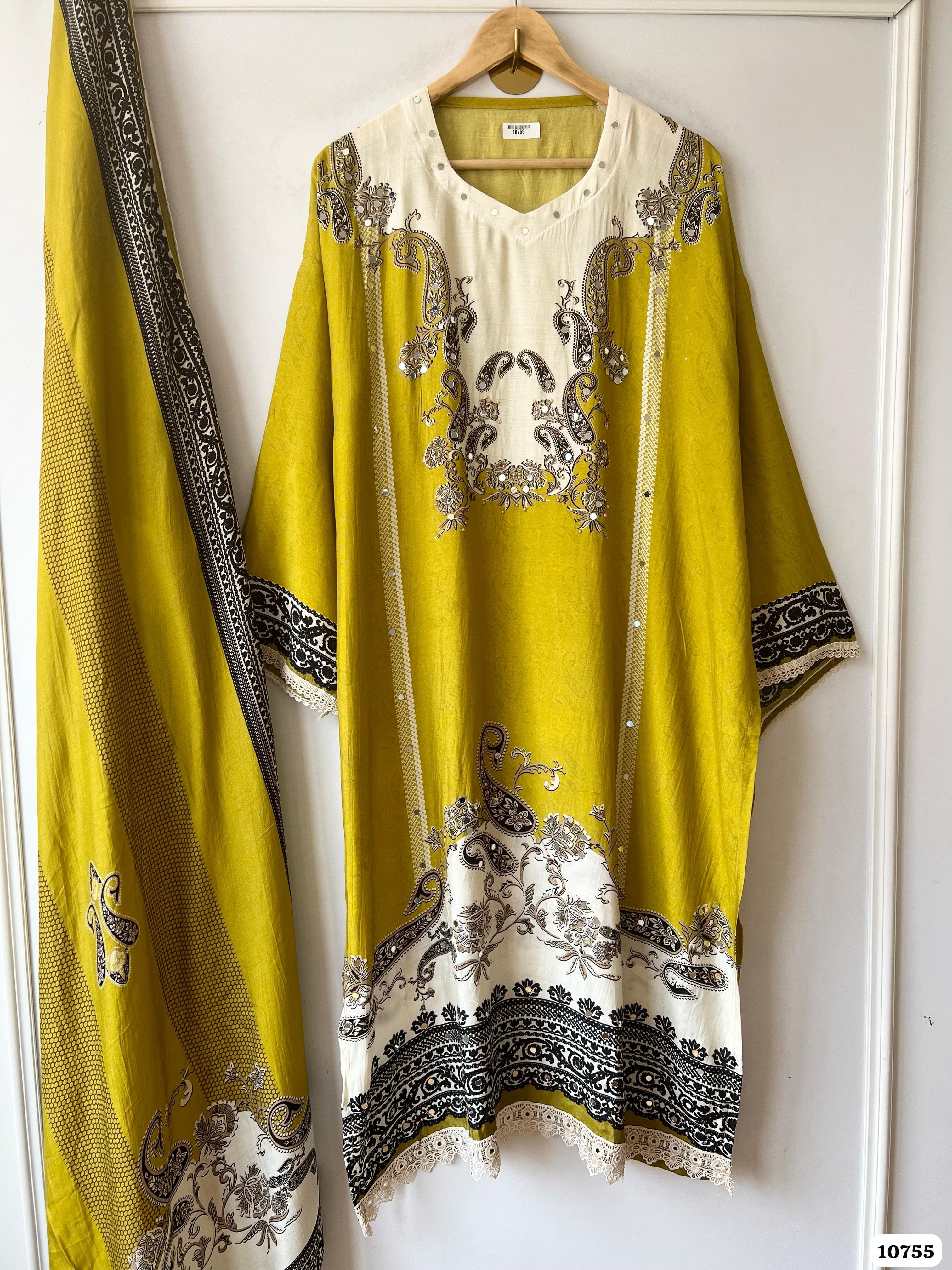 Mustard Yellow Cotton Unstitched Thread Printed Mirror & Neckline -Set of 3
