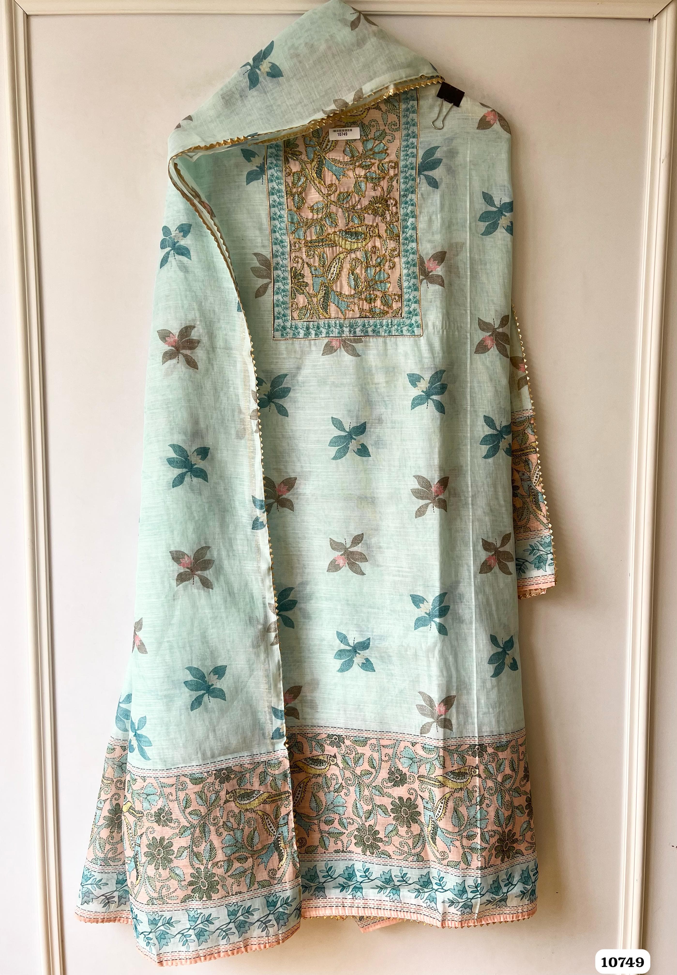 Blue Cotton Linen Unstitched Printed Zari & Gota -Set of 3