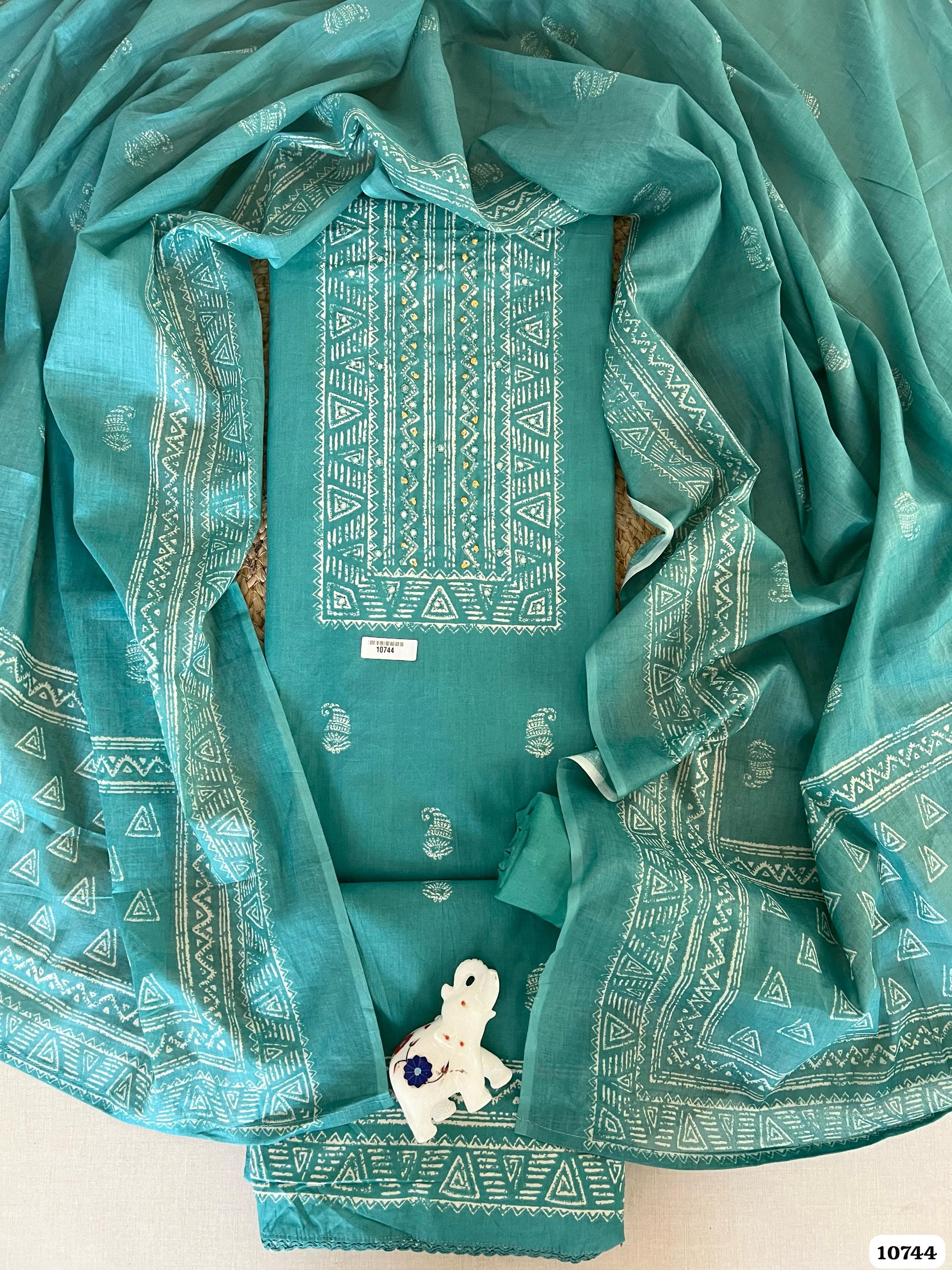 Blue Cotton Unstitched Printed Thread Mirror Neckline -Set of 3