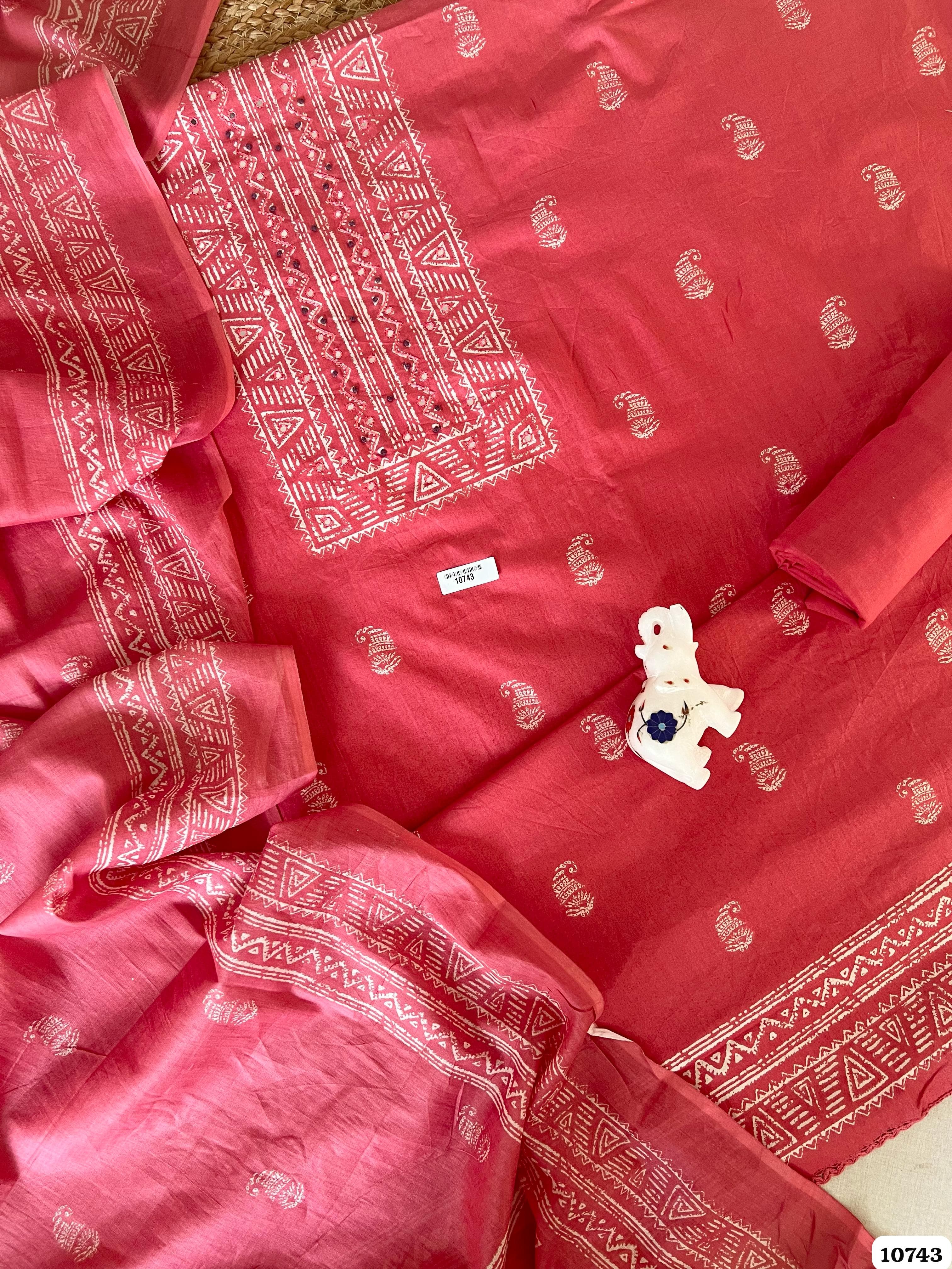 Red Cotton Unstitched Printed Thread Mirror Neckline -Set of 3