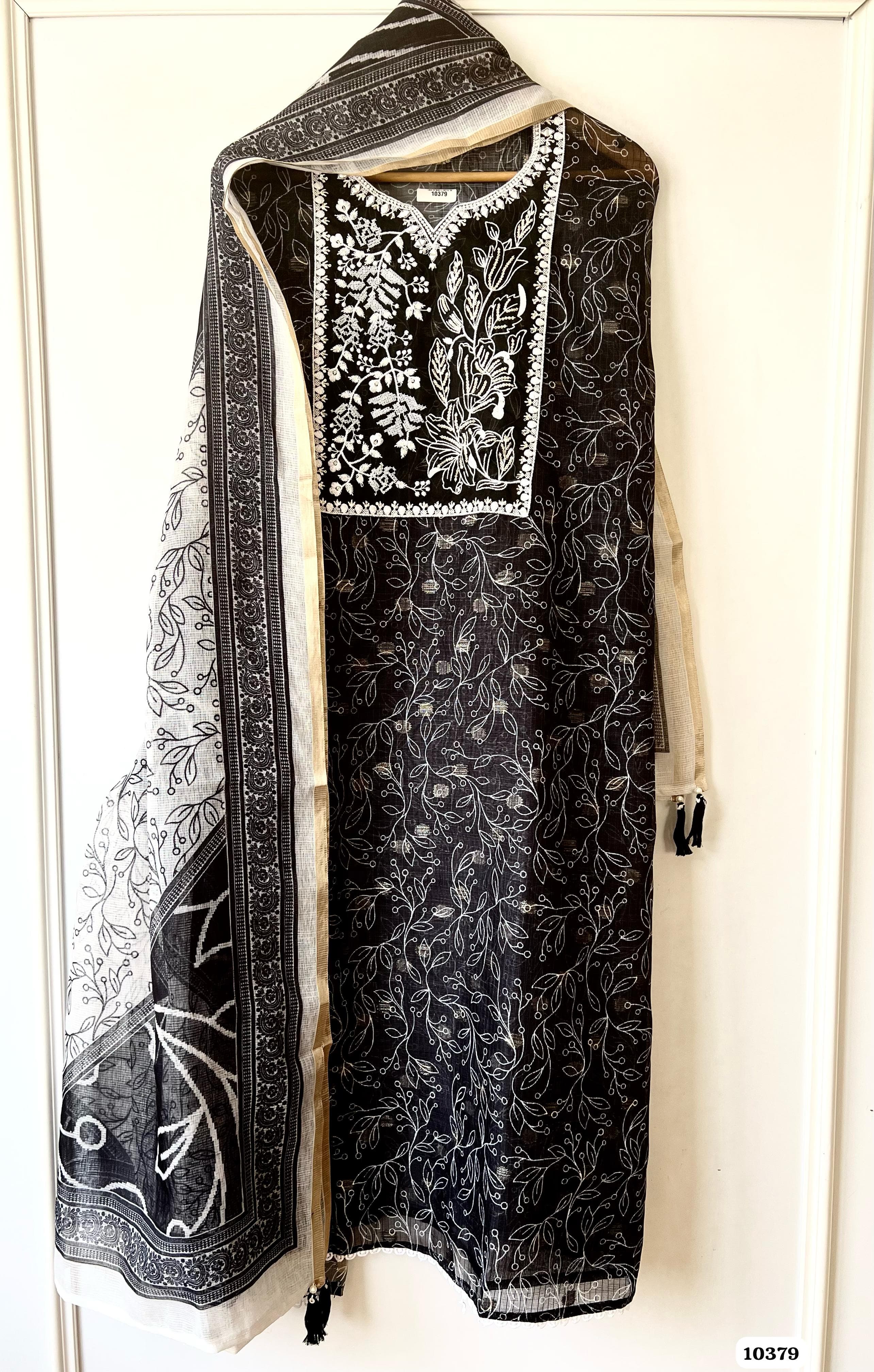 Black Kota Cotton Unstitched Printed Thread -Set of 3 {10379}