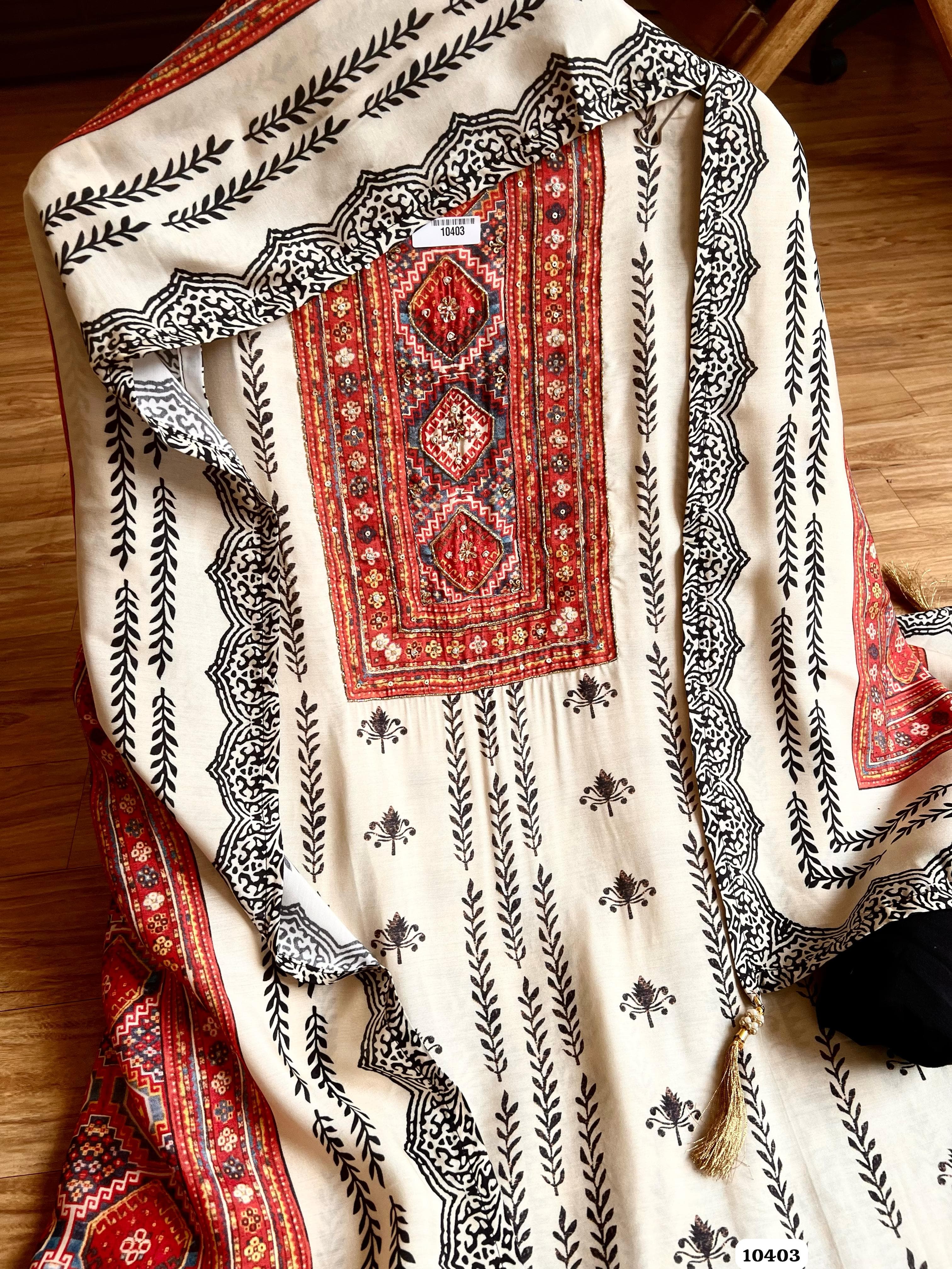 White Muslin Unstitched Designer Printing Yok Handwork -Set of 3 {10403}