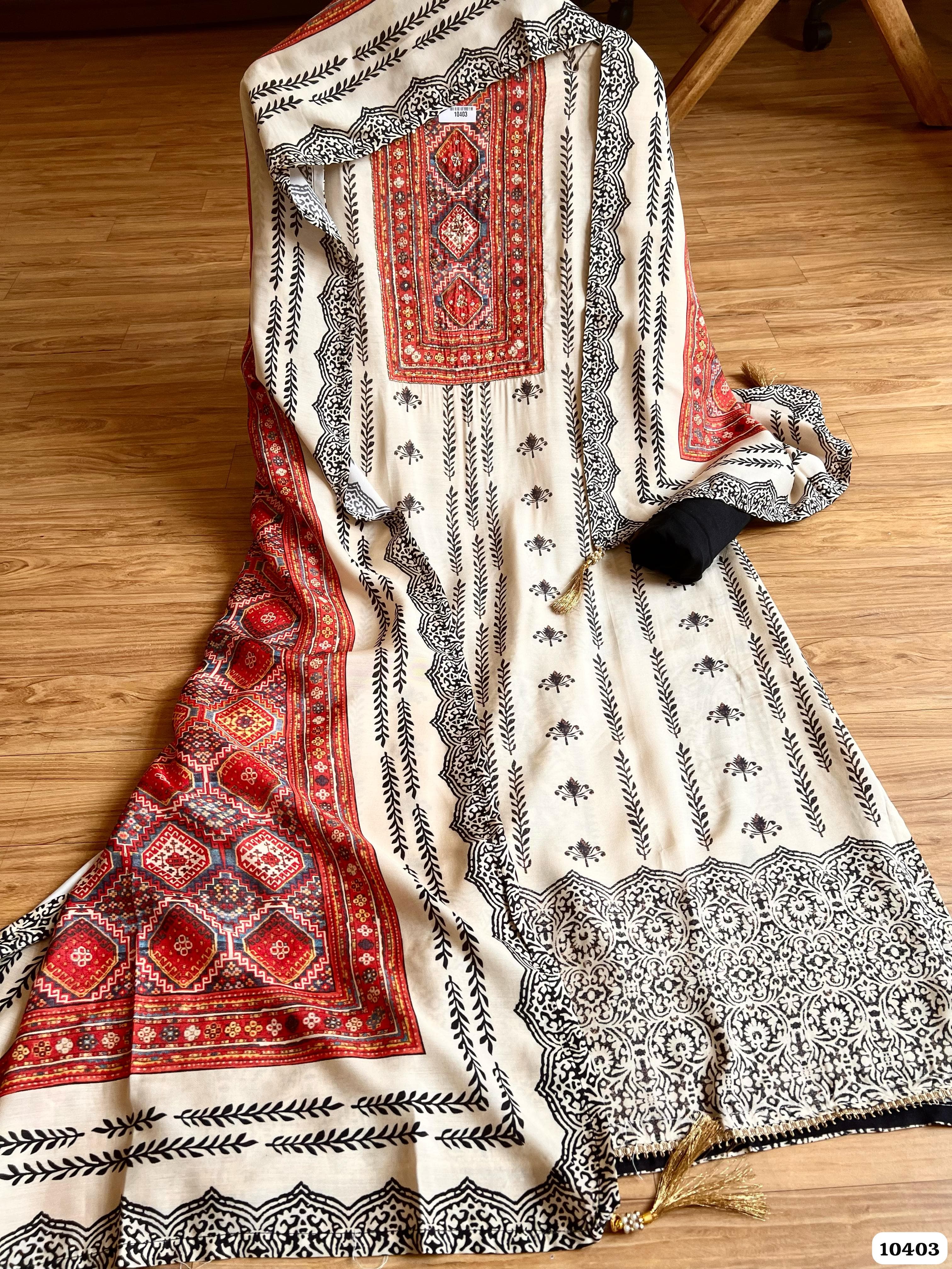 White Muslin Unstitched Designer Printing Yok Handwork -Set of 3 {10403}