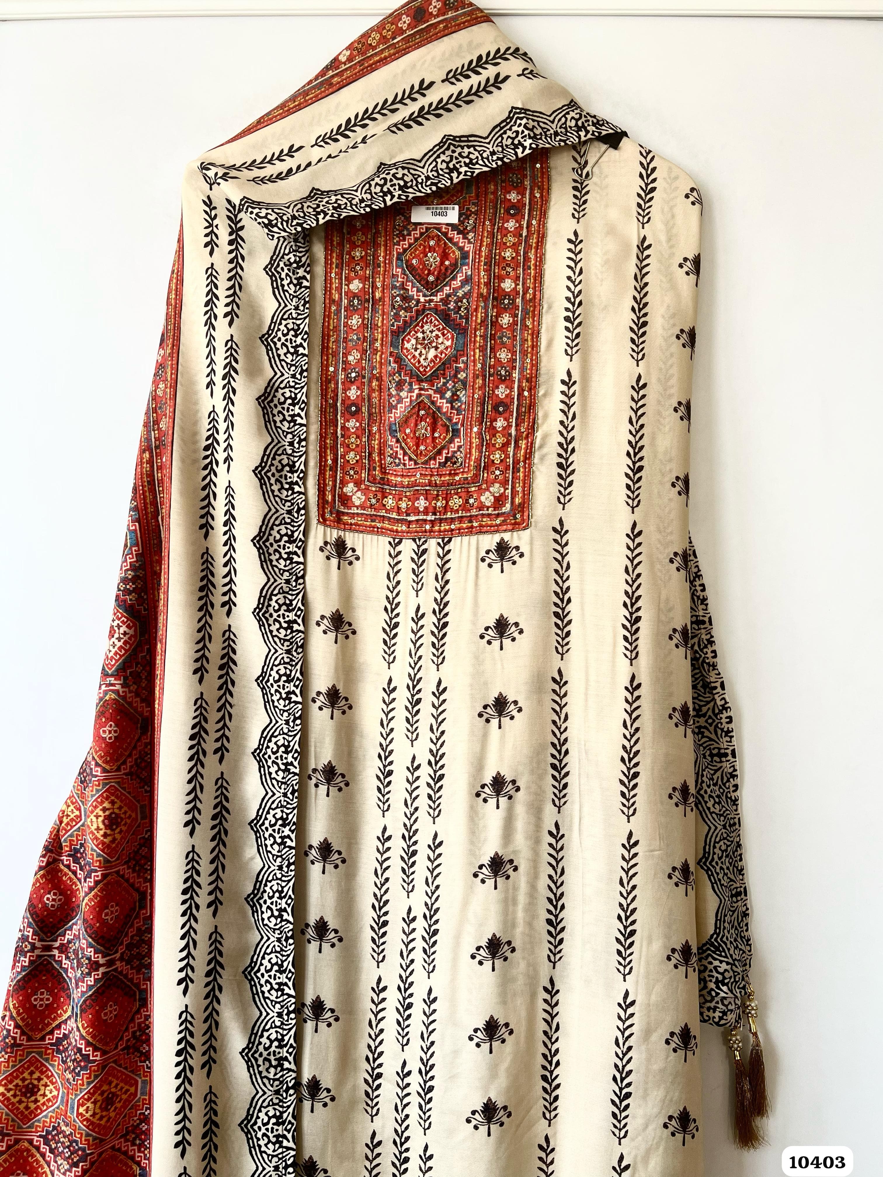 White Muslin Unstitched Designer Printing Yok Handwork -Set of 3 {10403}
