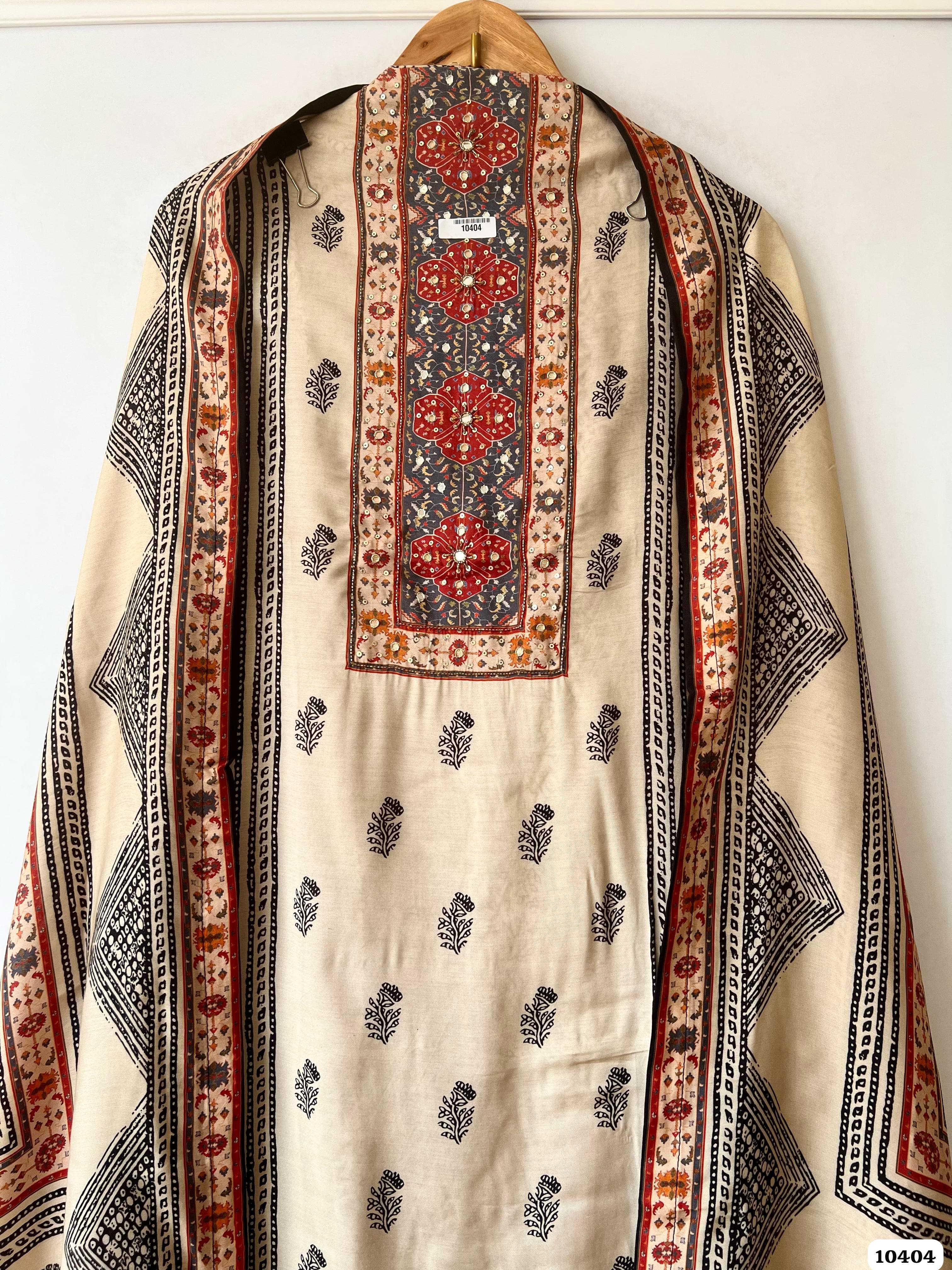 White Muslin Unstitched Designer Printing Yok Handwork -Set of 3 {10404}