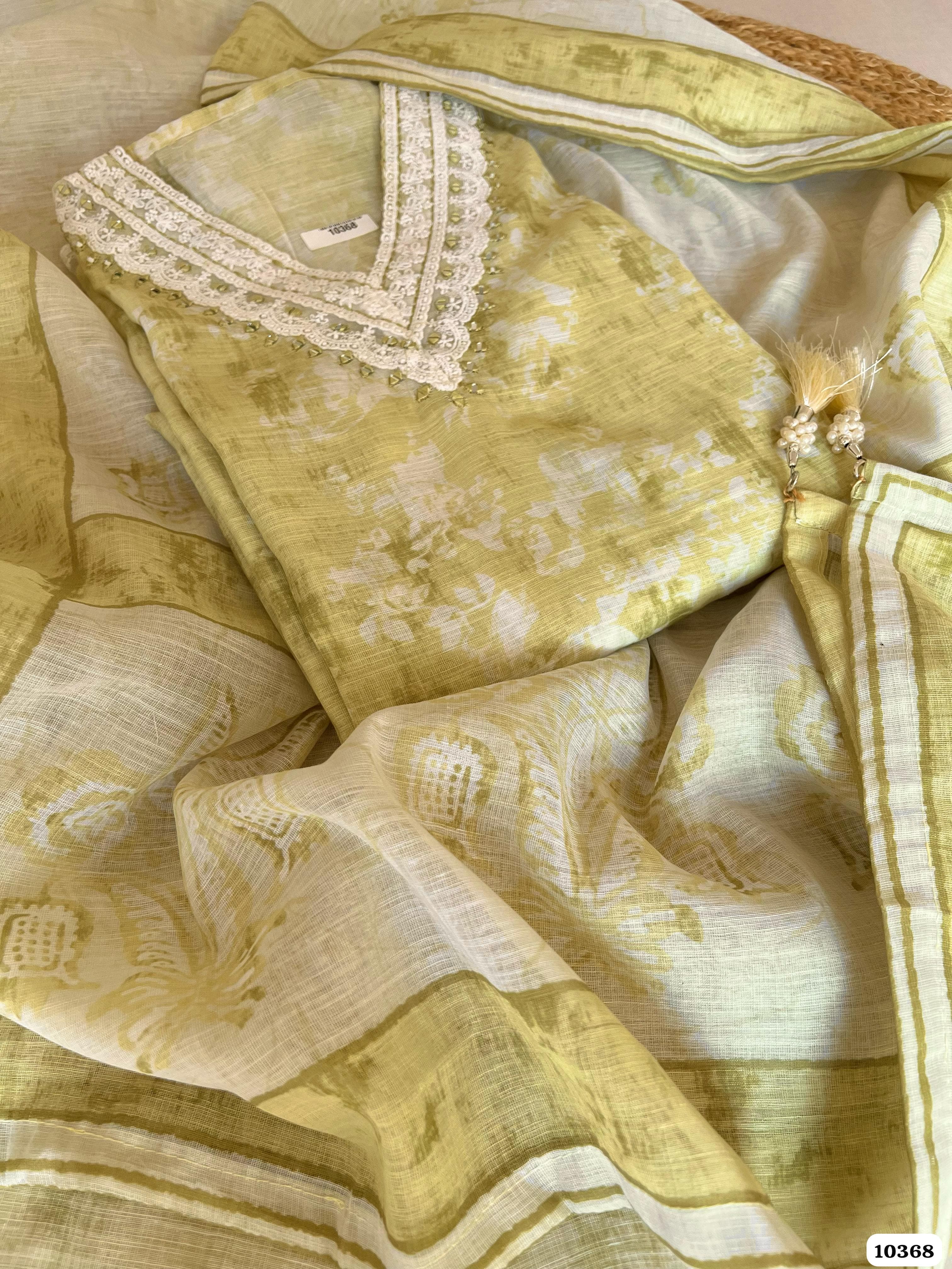 Yellow Linen Cotton Unstitched Crocus Laces Thread Mirror -Set of 3 {10368}