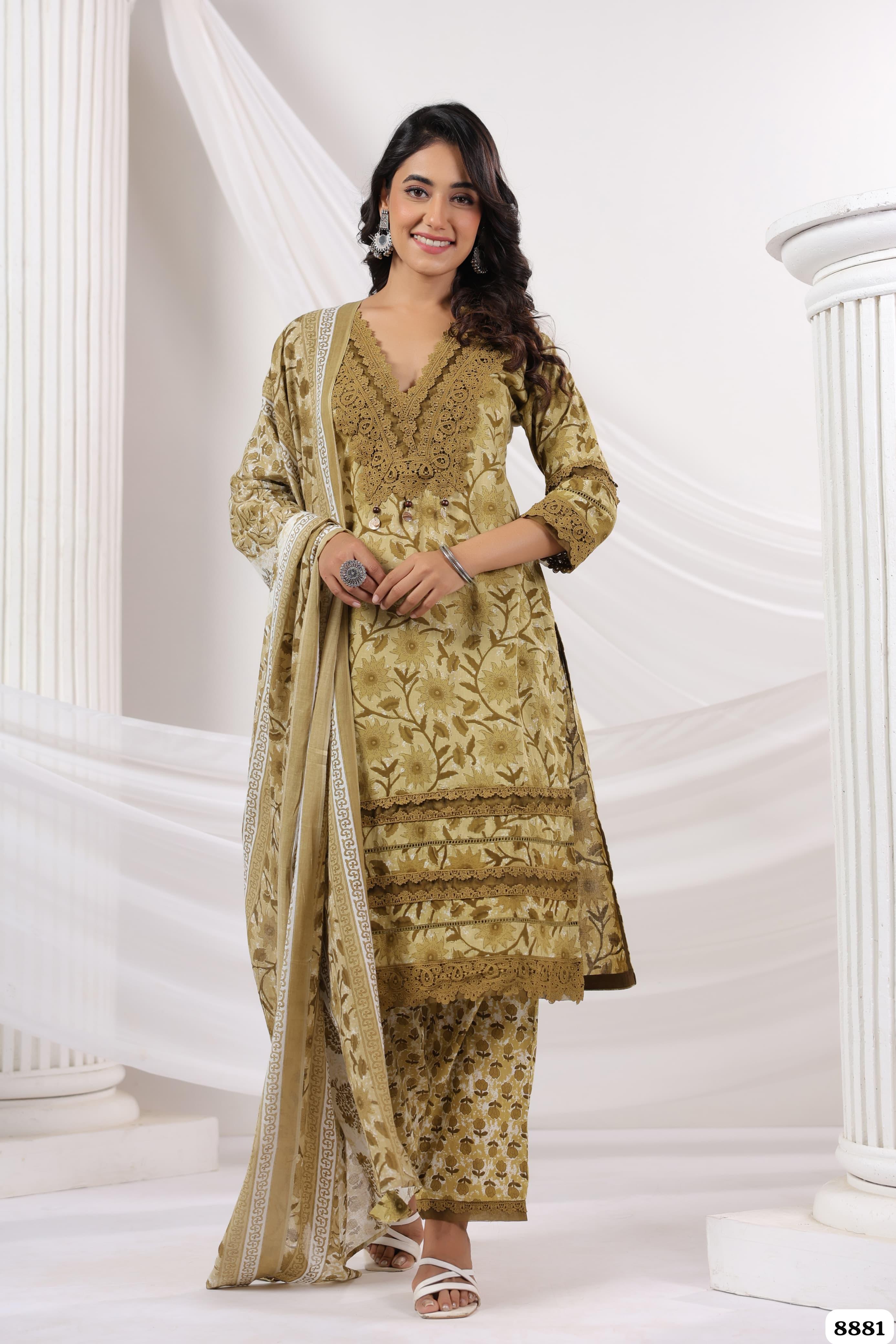 Olive Green Cotton Printed Ready made Crocia Laces - Set of 3 {8881}