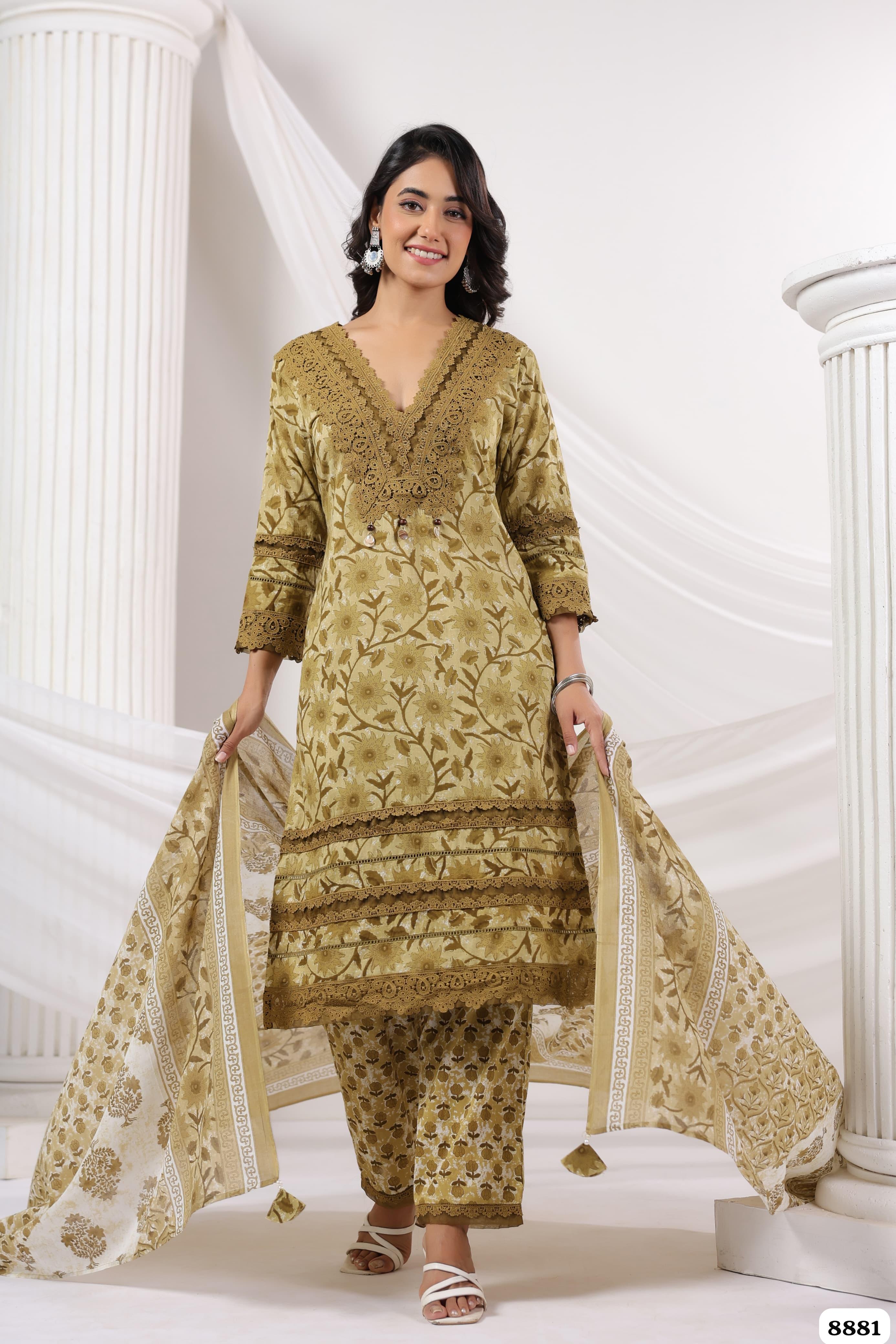 Olive Green Cotton Printed Ready made Crocia Laces - Set of 3 {8881}