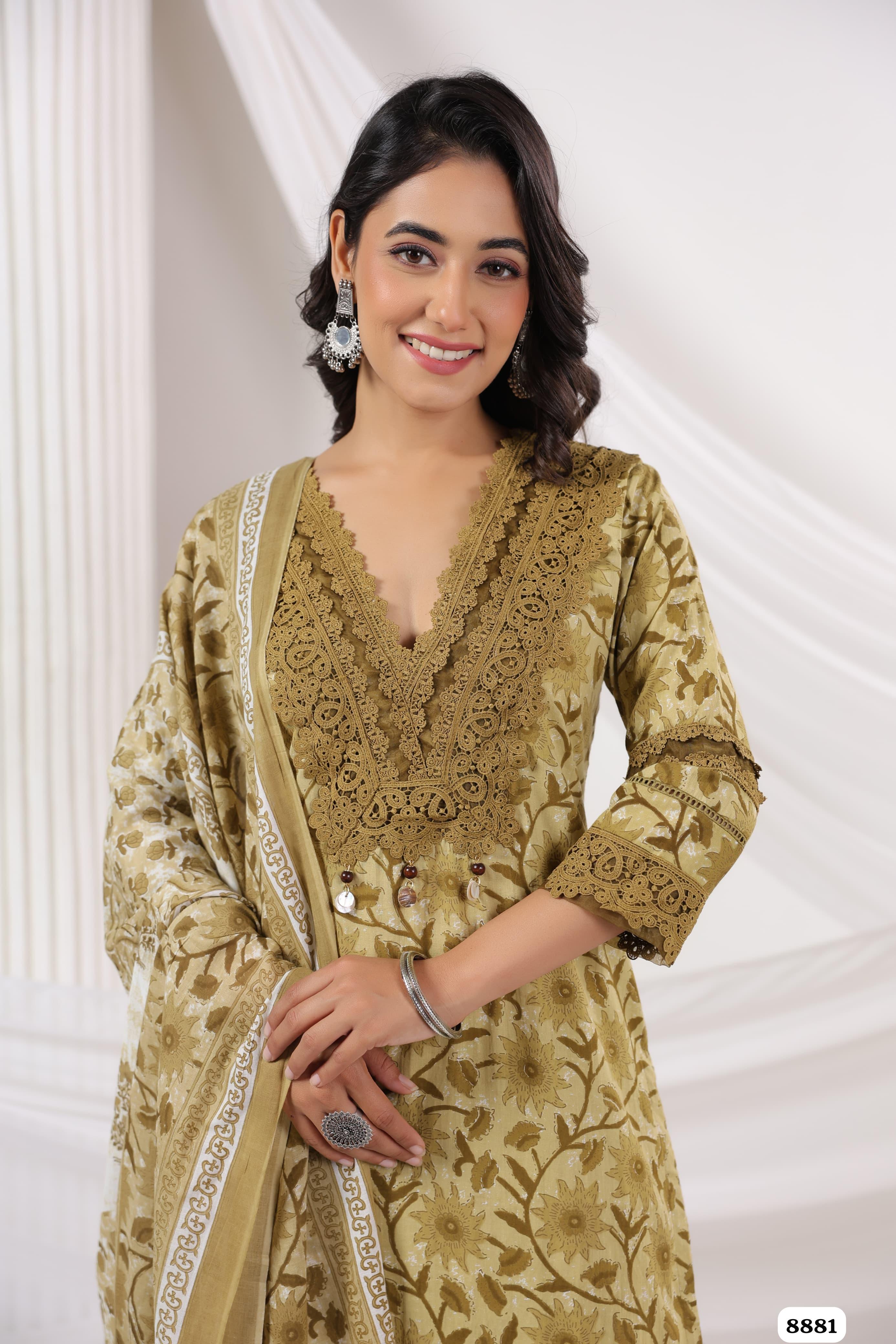 Olive Green Cotton Printed Ready made Crocia Laces - Set of 3 {8881}